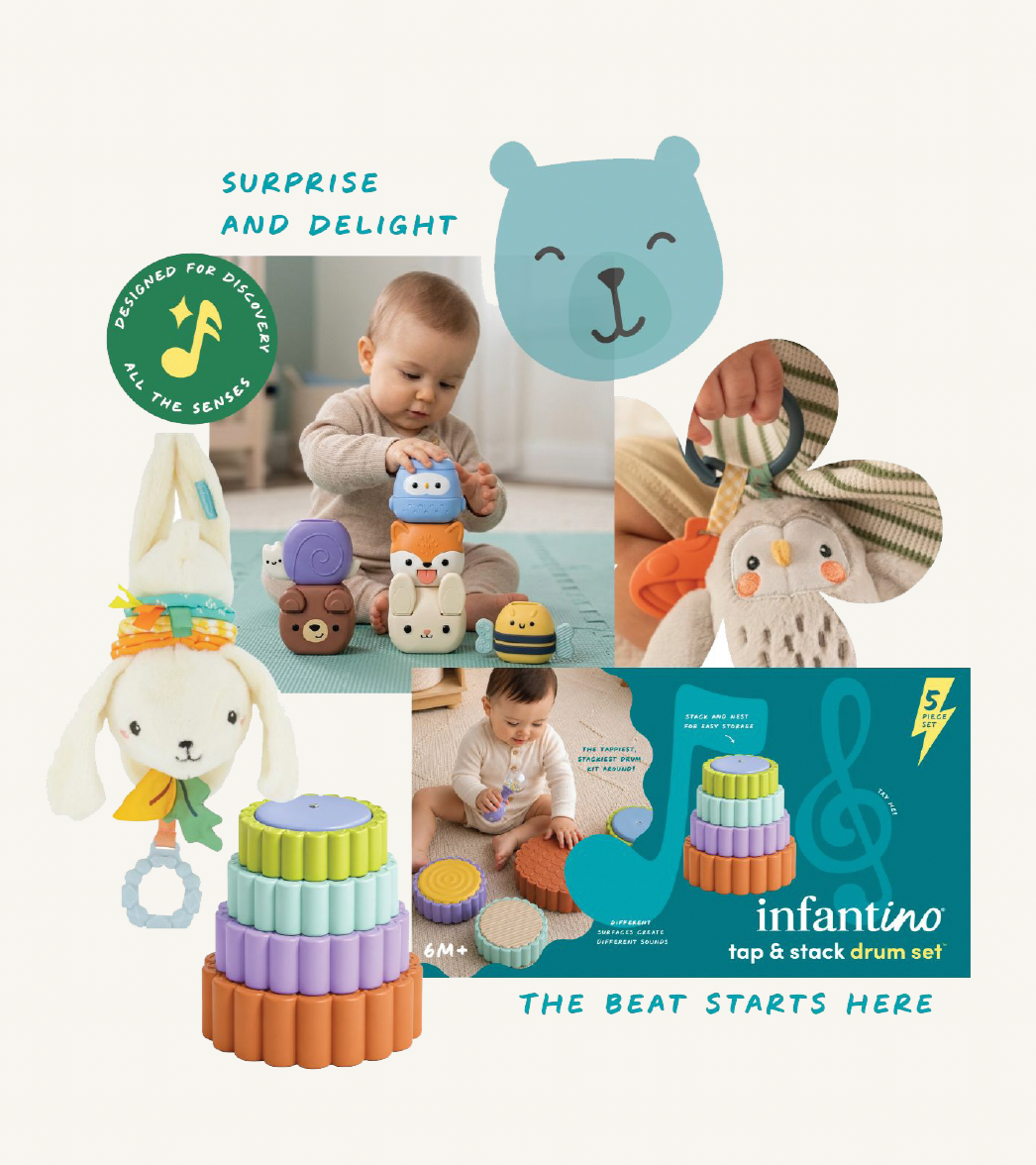 Infantino digital campaign creative featuring toddler toys, lifestyle photography, product benefits, and playful branded graphics.