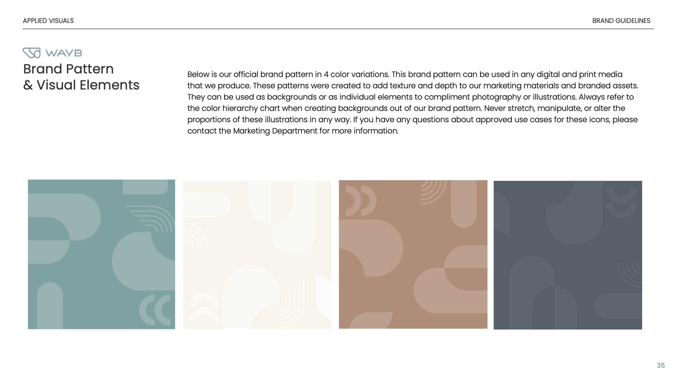 Page from a brand guidelines document showing four color pattern variations labeled 'Brand Pattern & Visual Elements' with abstract shapes in teal, white, brown, and dark gray.
