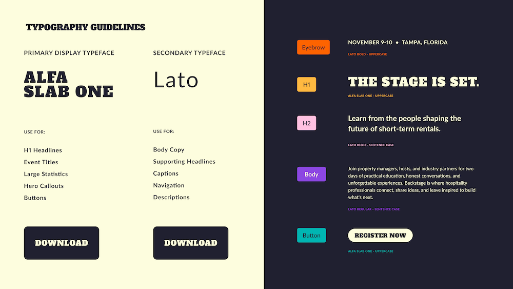Hostaway Backstage typography system and event brand guidelines.