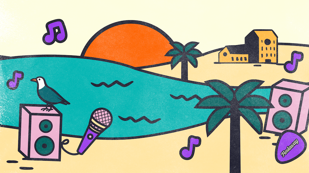 Hostaway Backstage custom event illustrations inspired by surf, music and coastal culture.