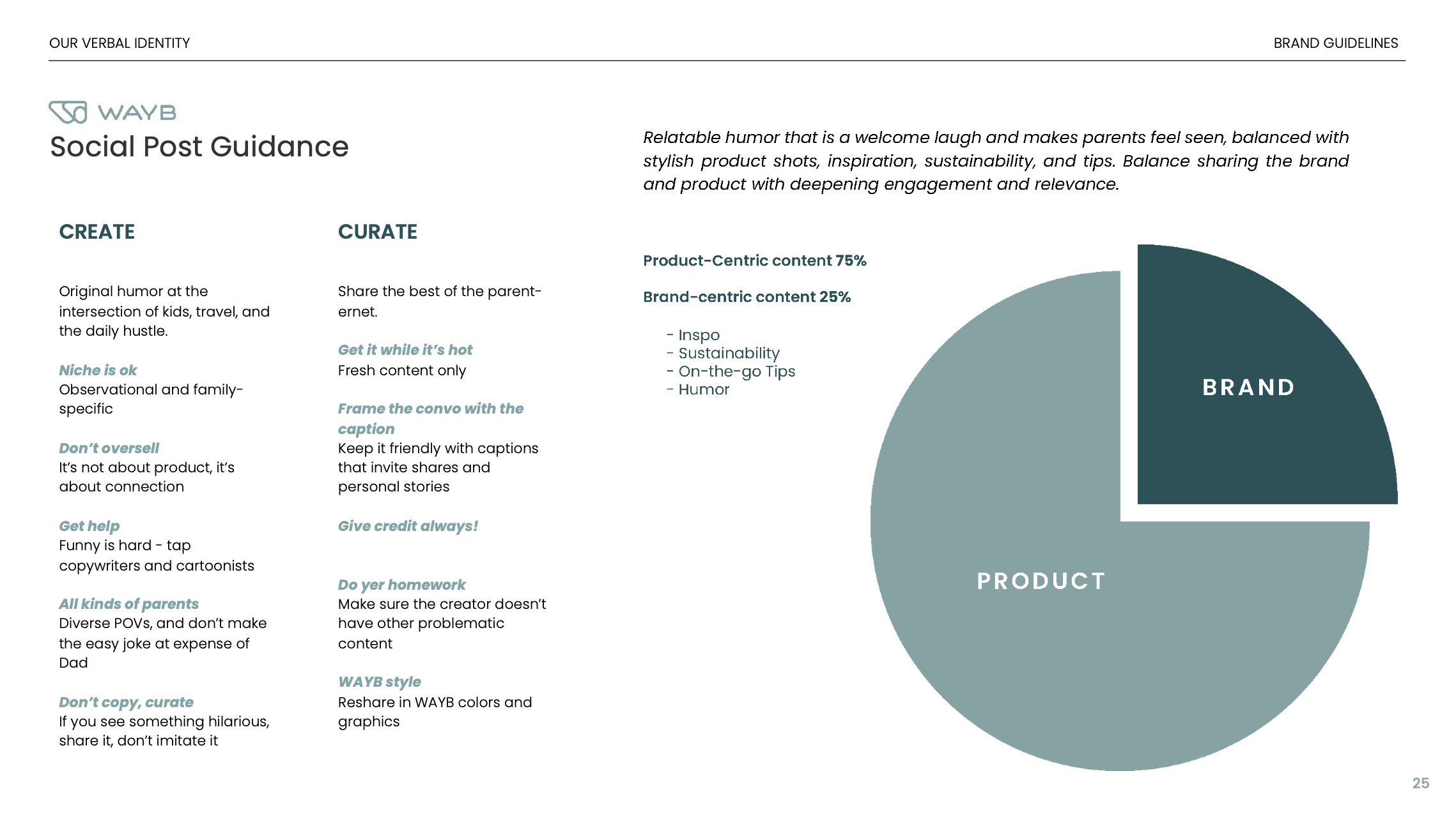 A page from a brand guideline document titled "Social Post Guidance." It features a pie chart with sections labeled "BRAND," "PRODUCT," and "CONTENT." The page includes sections with tips for creating and curating social media content, emphasizing humor, connection, and brand storytelling, with some text styled in italics.