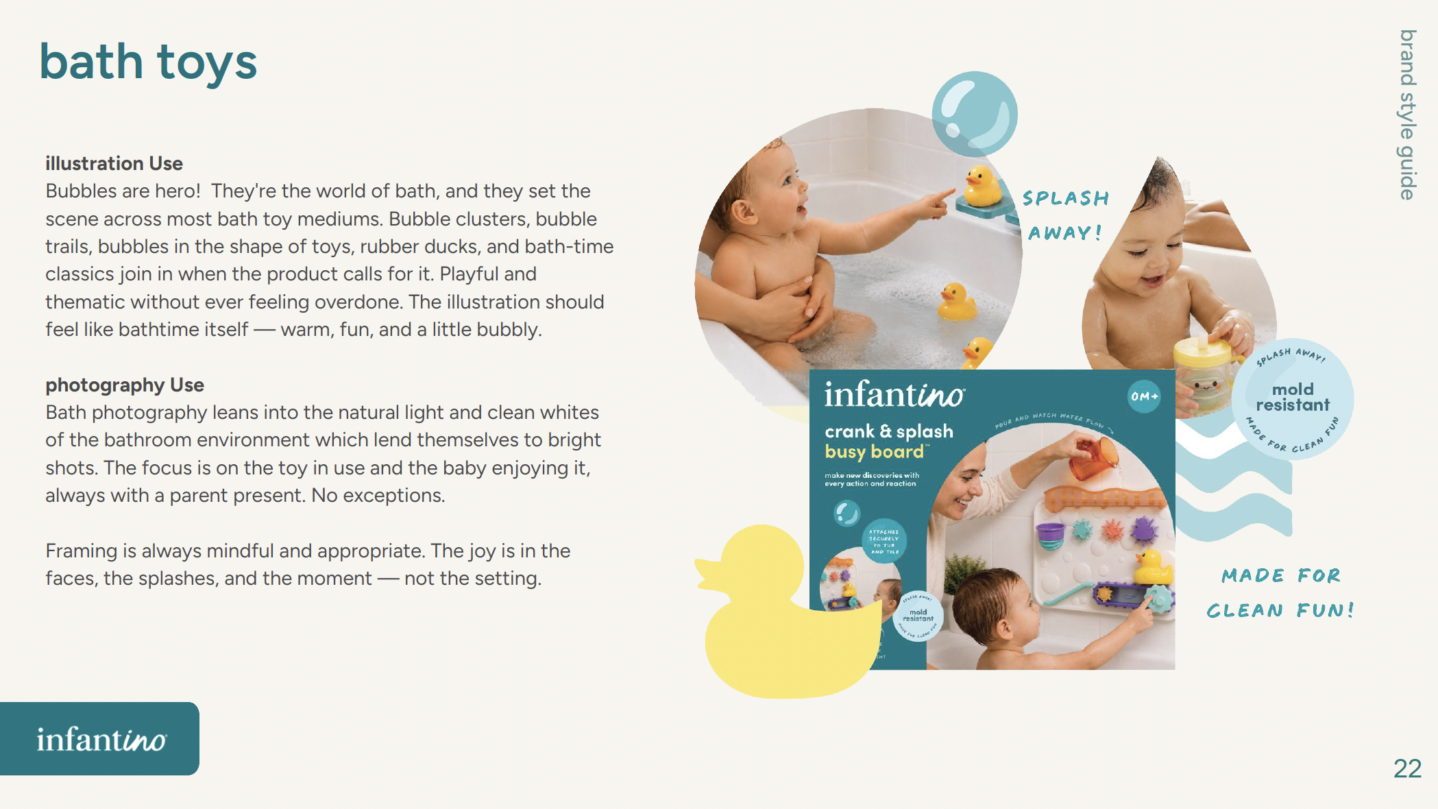An informational graphic about bath toys featuring a baby in a bathtub playing with a rubber ducky, and images of a water splash toy with the text 'Splash Away!'. The graphic promotes bath toys that are mold resistant and fun for children, associating them with a safe and enjoyable bath time experience.