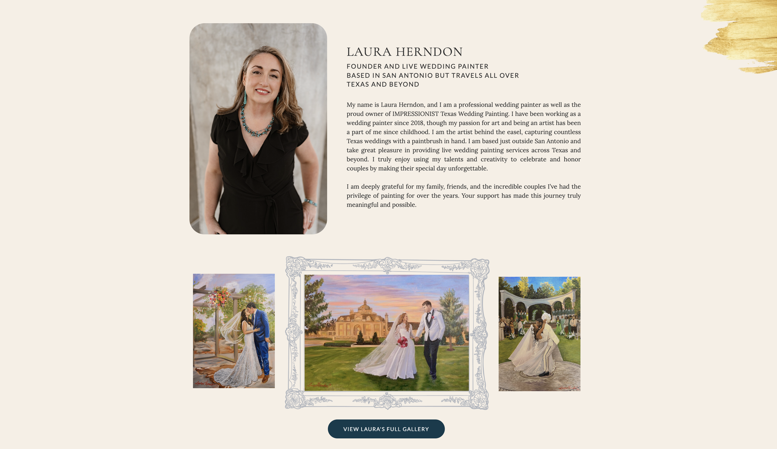 Wedding painter website design featuring artist biography, portfolio imagery, and custom live wedding painting services.