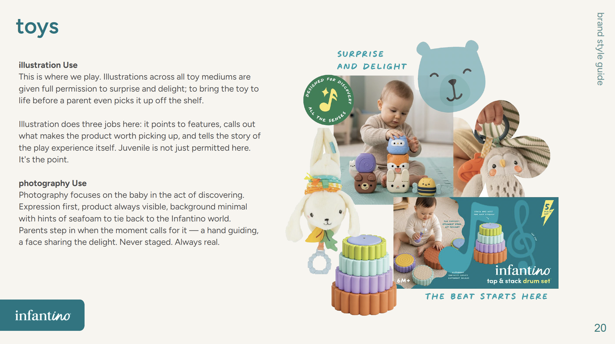 Infantino tap and stack drum set for babies, with colorful stacking drums and plush toys, featured in a baby play environment.