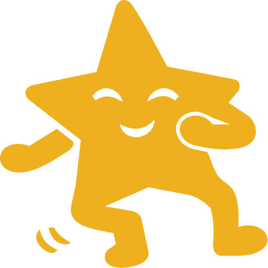 A cheerful, anthropomorphic yellow star with a smiling face, dancing with one arm raised and one leg lifted.
