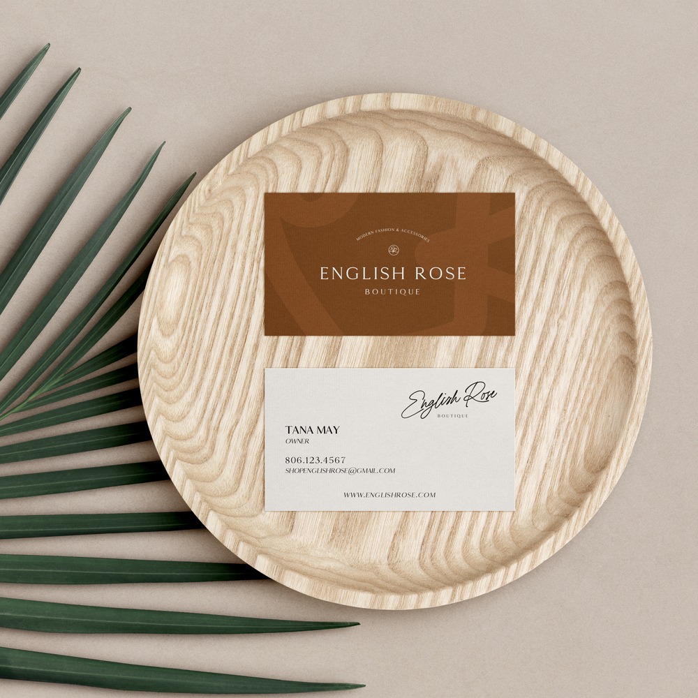 English Rose brand identity applied to business card design and boutique marketing collateral.