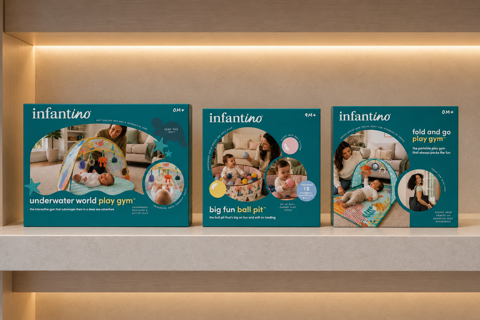 Infantino baby and toddler packaging system featuring play gyms and activity products with cohesive retail branding.
