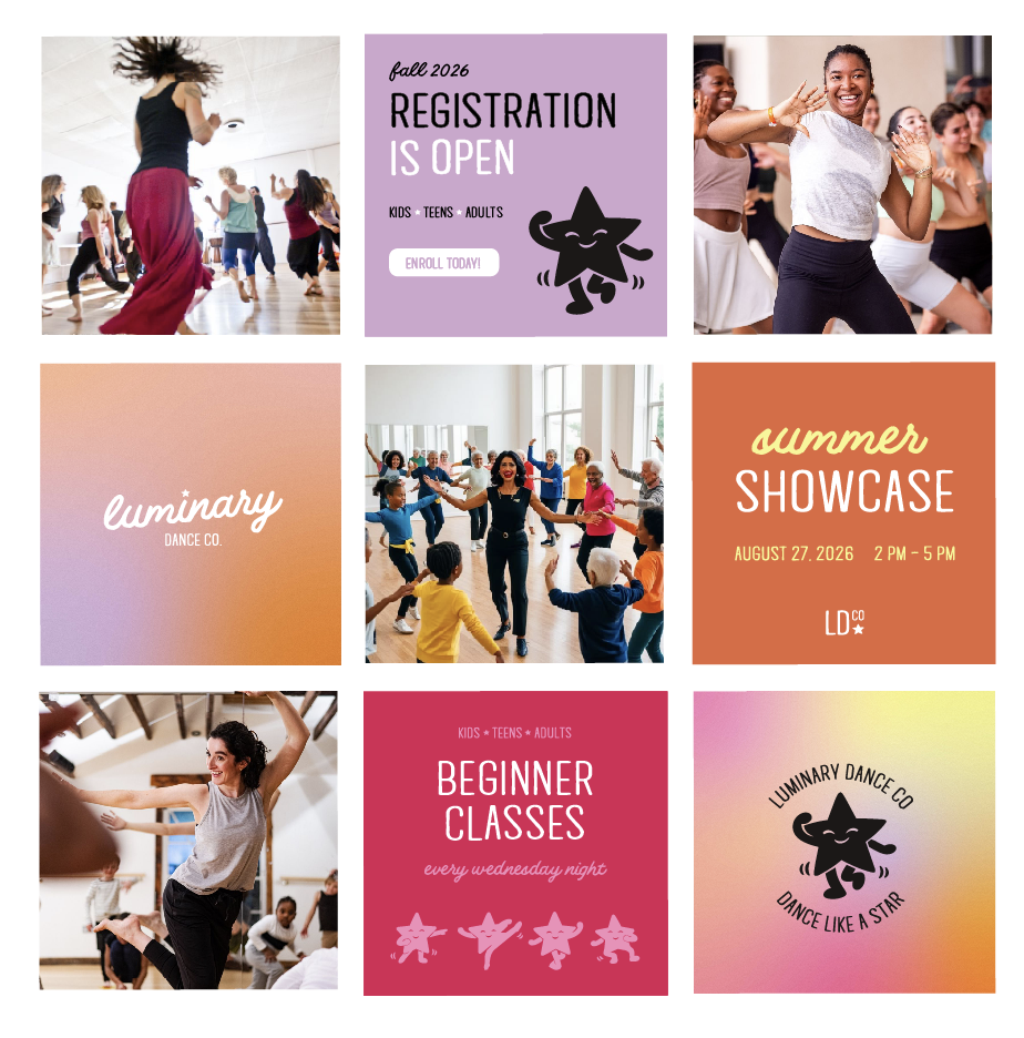 A collage of dance class promotional images, including photos of people dancing and group classes, with event details for summer dance showcases, registration info, and beginner classes at Luminary Dance Co.