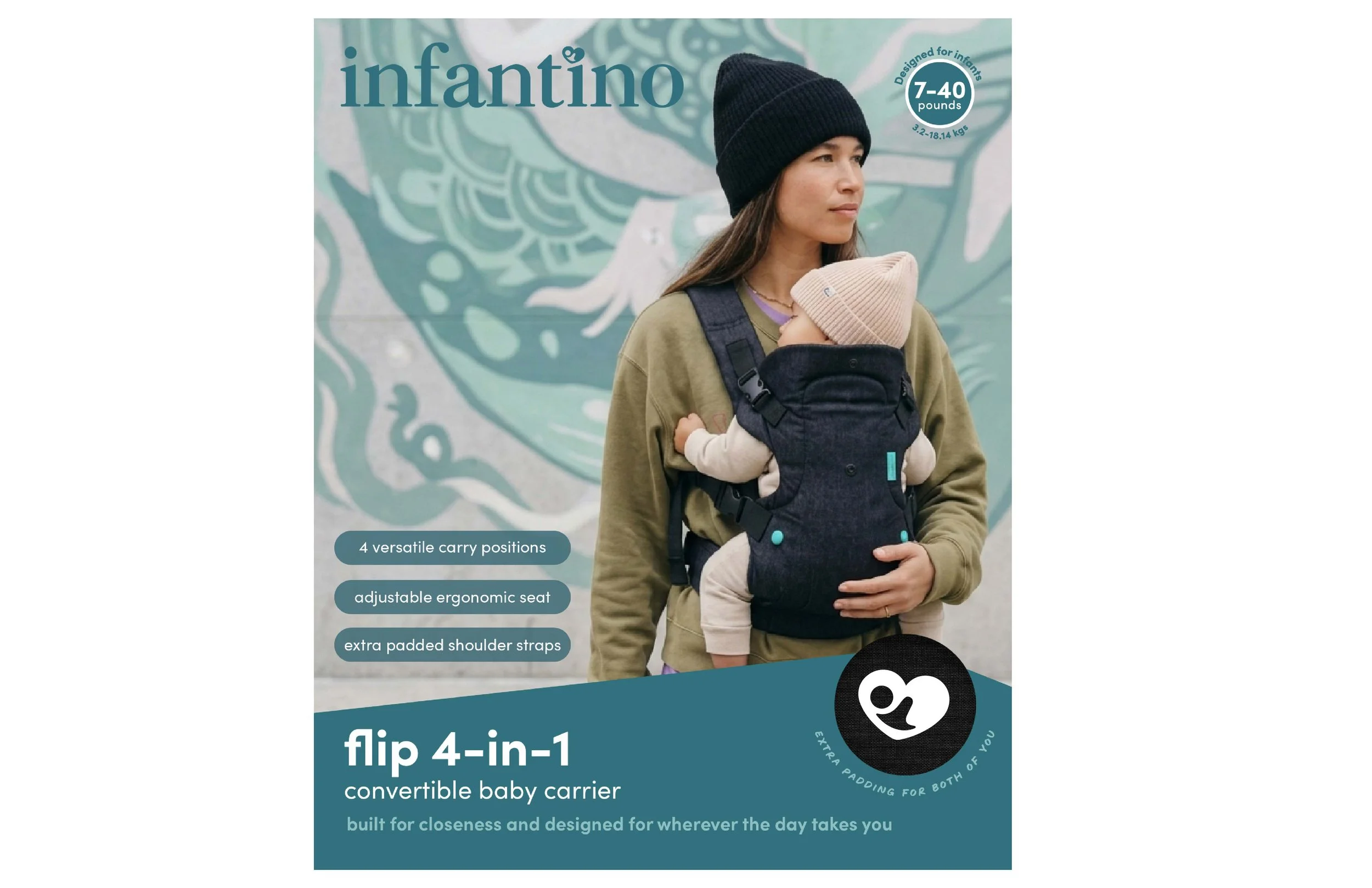 Package of infantino flip 4-in-1 convertible baby carrier featuring a woman wearing a black knitted hat and carrying a baby with a beige hat in a dark carrier. The packaging highlights four versatile carry positions, an adjustable ergonomic seat, extra padded shoulder straps, and is designed for infants weighing 7-40 pounds.