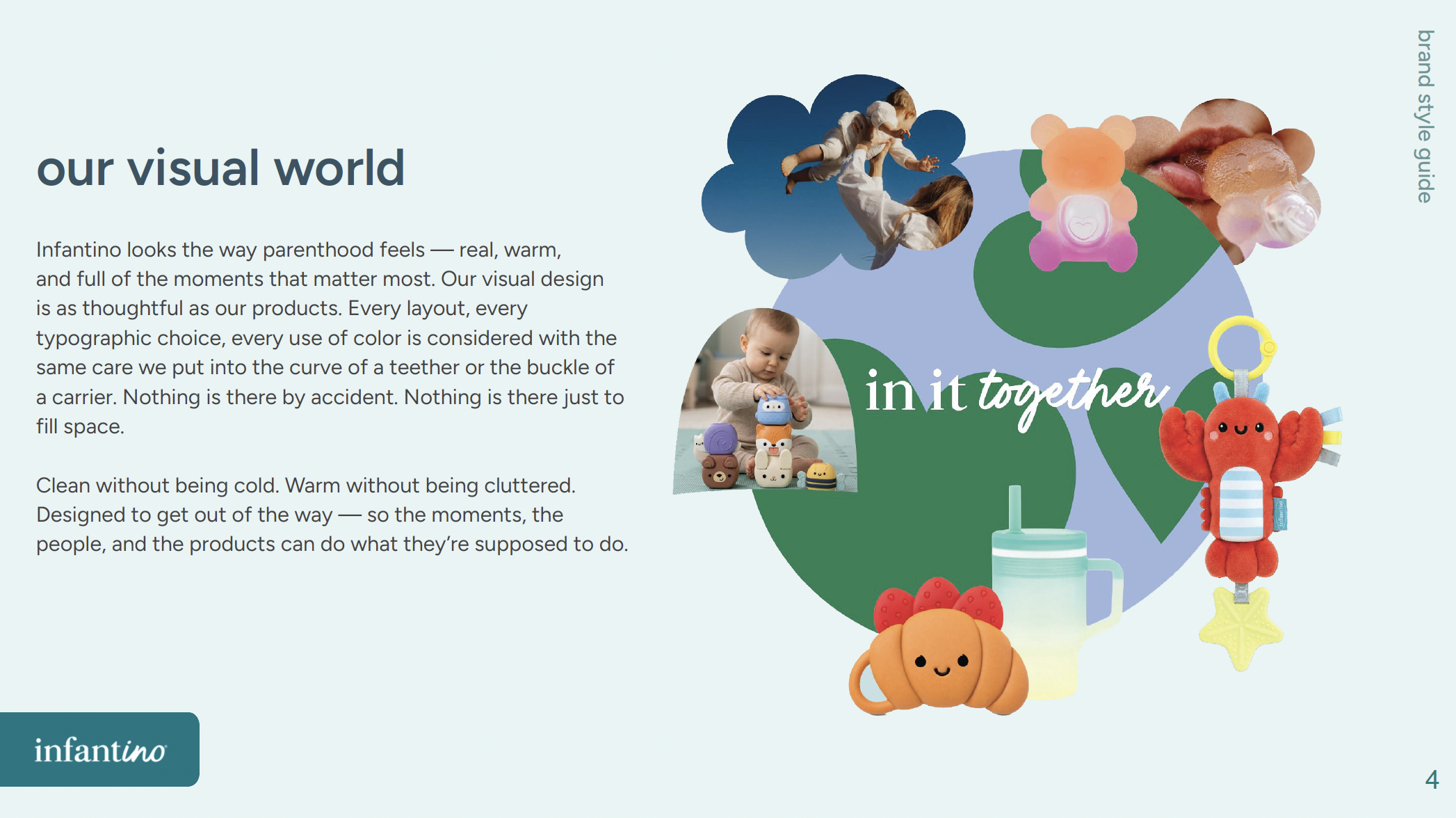 A webpage layout with the title 'our visual world' showing images of children playing with toys, a baby wearing a diaper, and plush toys, alongside text describing thoughtful product design for infants.