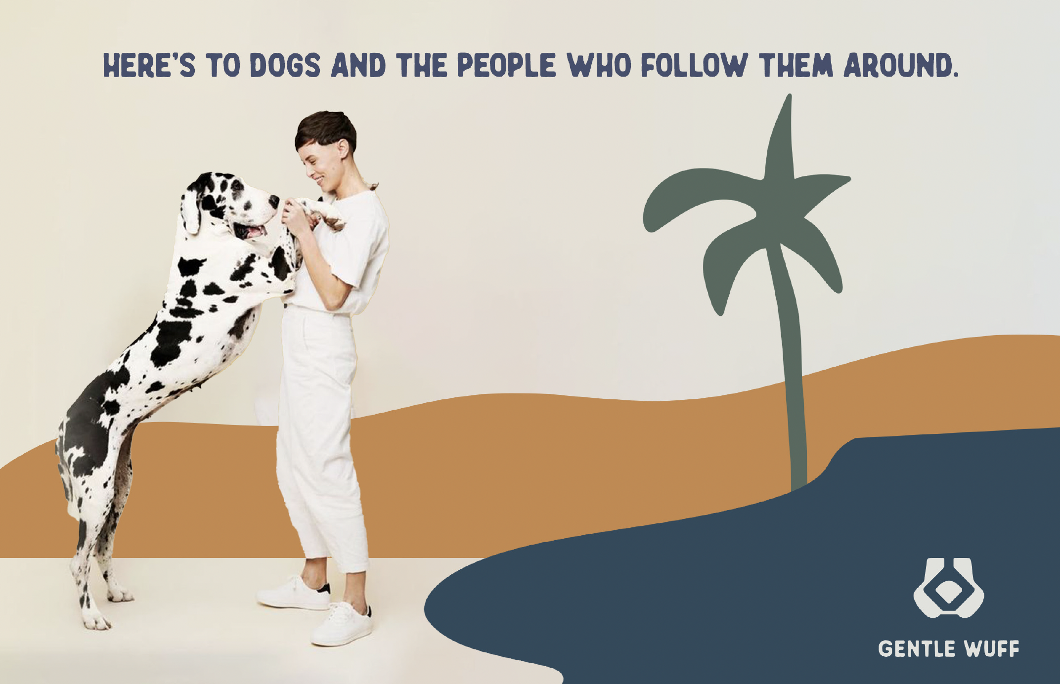 Gentle Wuff brand campaign featuring a Dalmatian and owner with custom landscape illustrations and playful brand messaging.