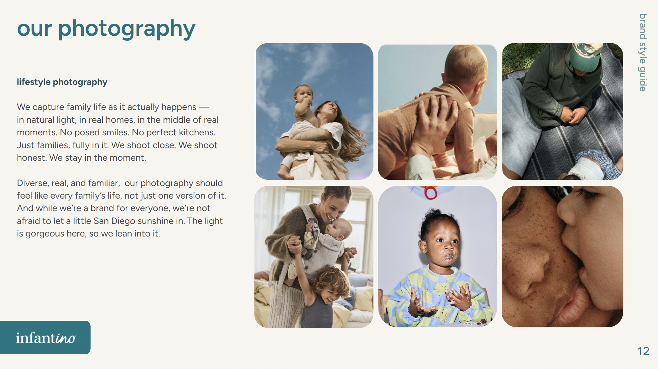 A collage of diverse families and children engaging in candid moments, including a woman holding a child against the sky, a person receiving a shoulder massage, a child and adult playing together, and close-up of two children kissing, representing lifestyle photography of real family life.