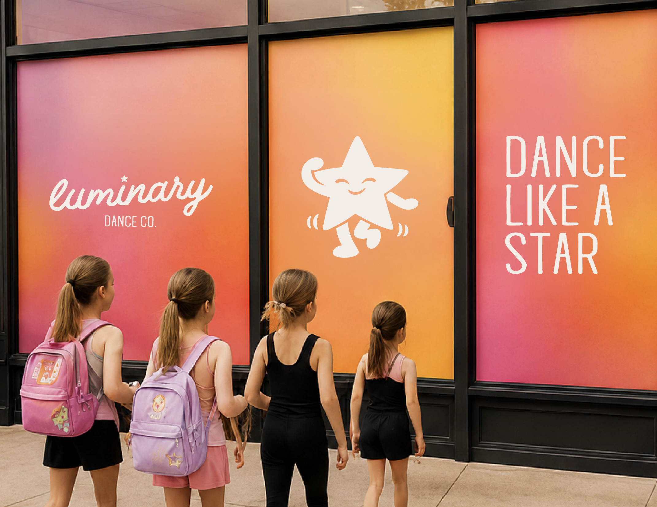 Luminary dance studio brand identity featuring custom environmental graphics, playful typography, and the Disco star mascot.