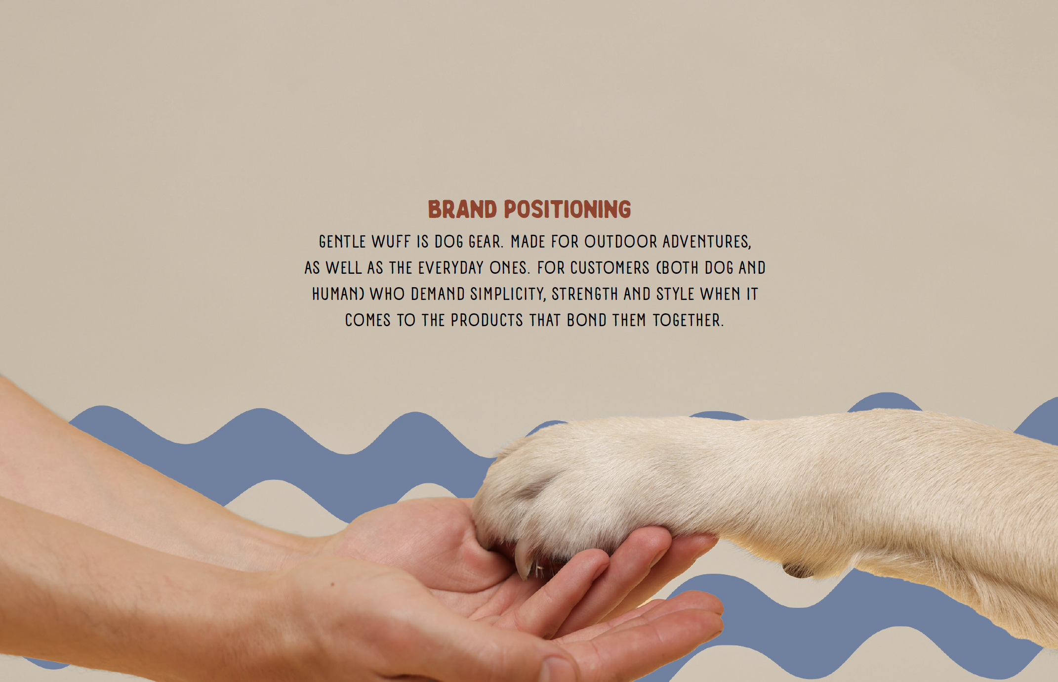 Gentle Wuff pet brand design featuring a puppy held in a person's hands with custom blue wave graphics and brand messaging.