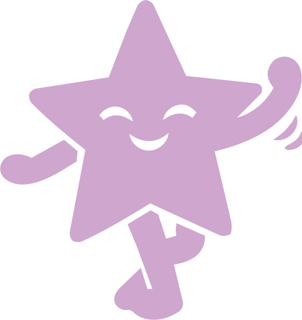 A cartoon purple star character with a smiling face, closed eyes, and a waving hand.
