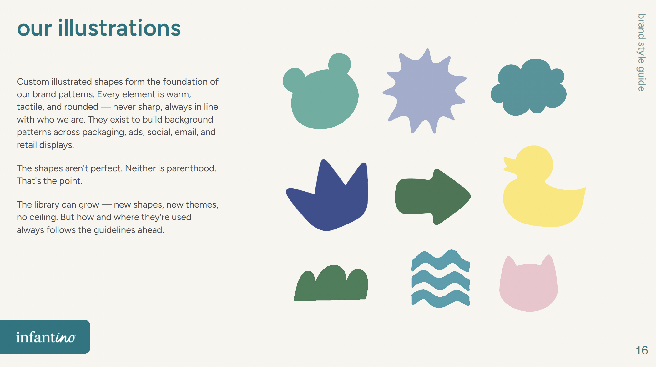 Section of a brand style guide titled 'our illustrations', showing various colorful, simple, and rounded shape graphics including a bear's head, a star, a cloud, a duck, a flower, and other abstract shapes. There is accompanying text explaining the design philosophy behind these shapes.