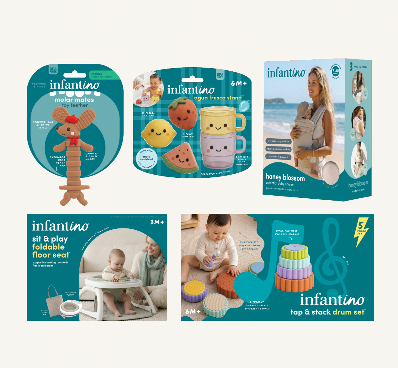 Infantino baby and toddler product campaign featuring toys, carriers, seating, lifestyle photography, and branded digital creative.