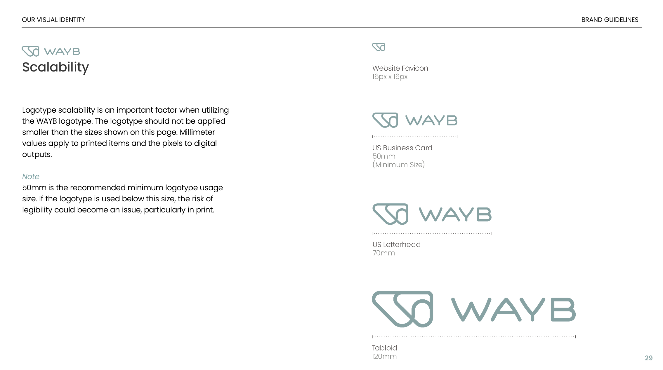Page from a brand guidelines document with the title 'Scalability' from WAYB. It shows different logo sizes and types, including website favicon, US business card, US letterhead, and tabloid, with specified dimensions and a note about logo size recommendations.