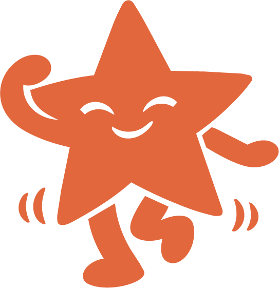 A cartoon orange star character with a smiling face, waving one hand and lifting one leg, with motion lines indicating movement.