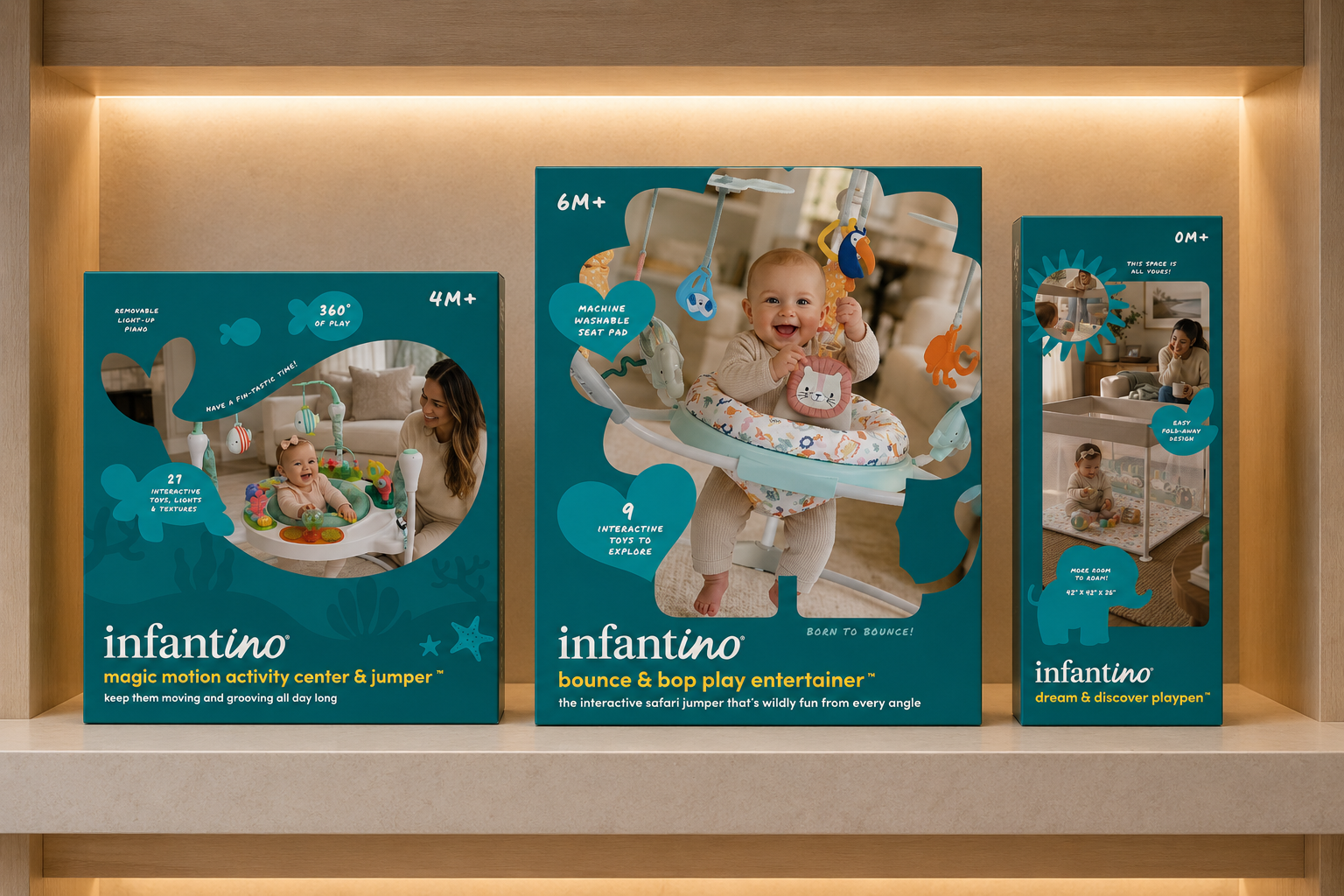 Infantino baby product packaging system featuring activity centers, play products, lifestyle photography, and branded retail design.