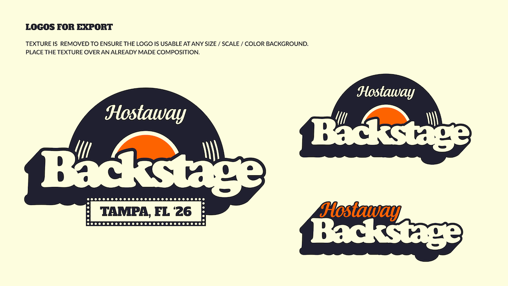 Hostaway Backstage logo variations and event brand identity system.