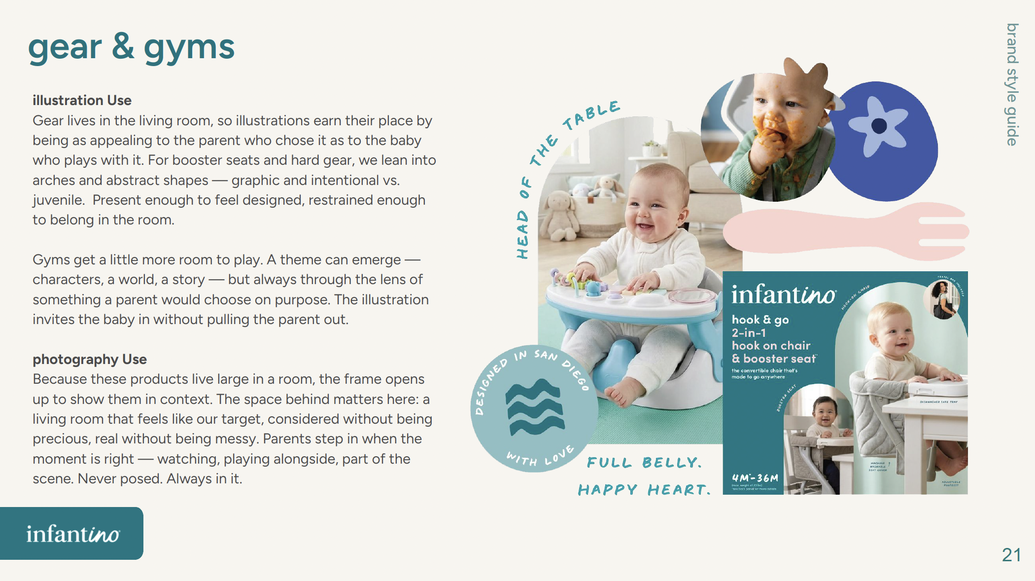 Page from a product catalog titled 'gear & gyms' with images of a baby in a supportive chair, a child eating, and related products, featuring designs, slogans, and product descriptions.