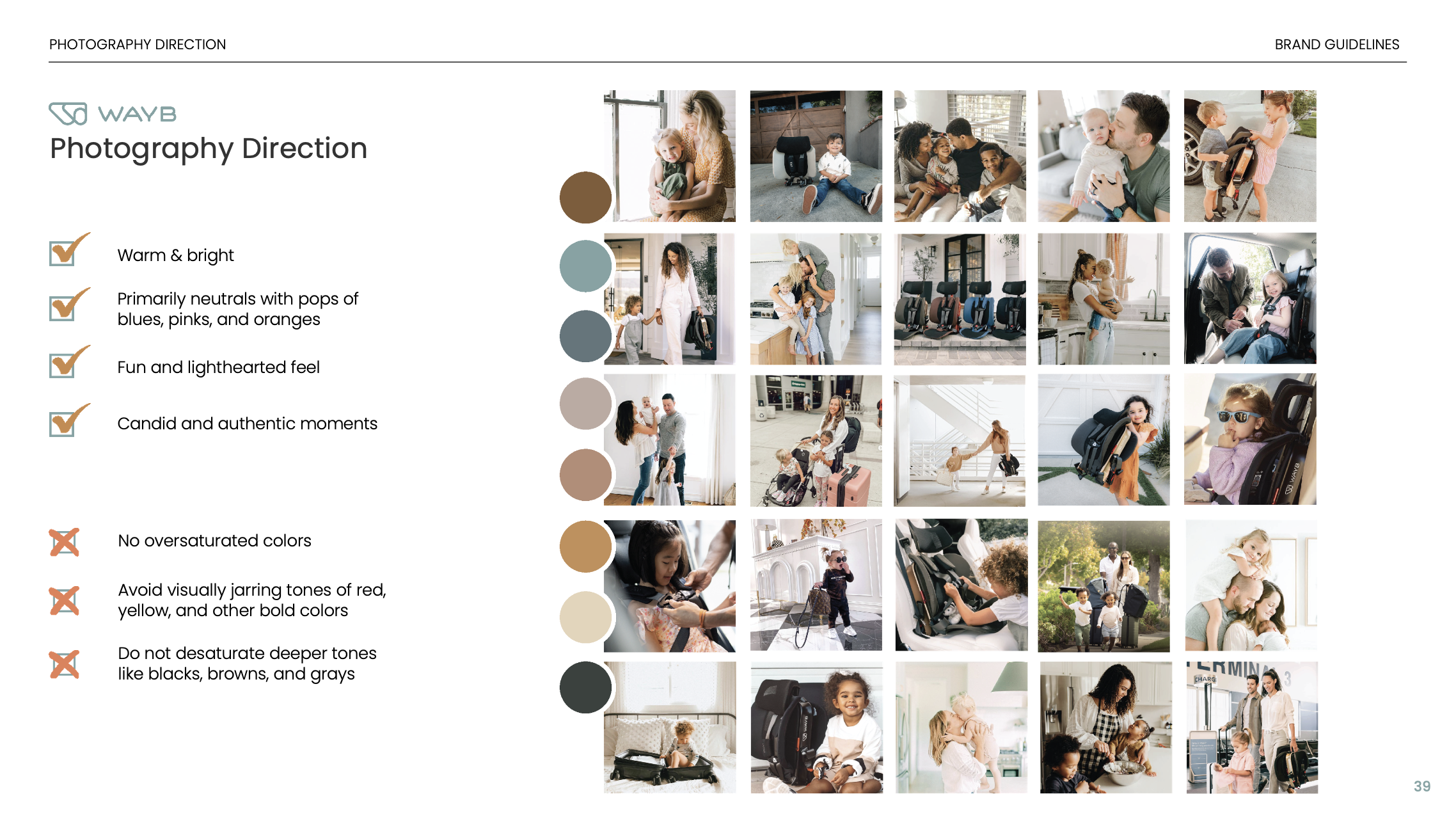 A color palette and a collage of various photographs of children, parents, and families in different settings, associated with brand guidelines for photography direction, emphasizing warm, neutral, and candid tones with no oversaturated or bold colors.