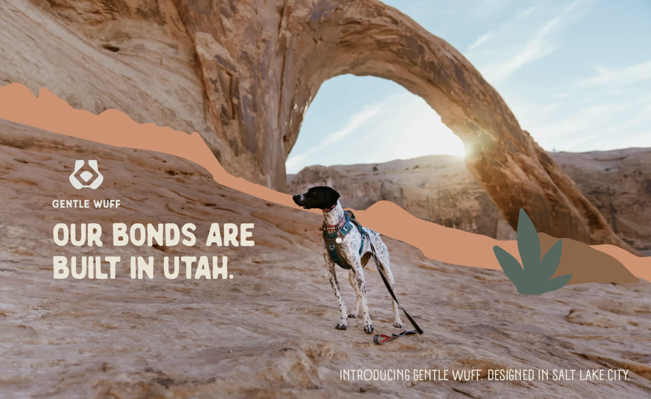 A dog with a black head and white body, wearing a harness, standing on a desert landscape with large rock formations and a natural arch in the background during sunset. The image has an illustrated overlay with text about Utah and a logo resembling a dog's face.