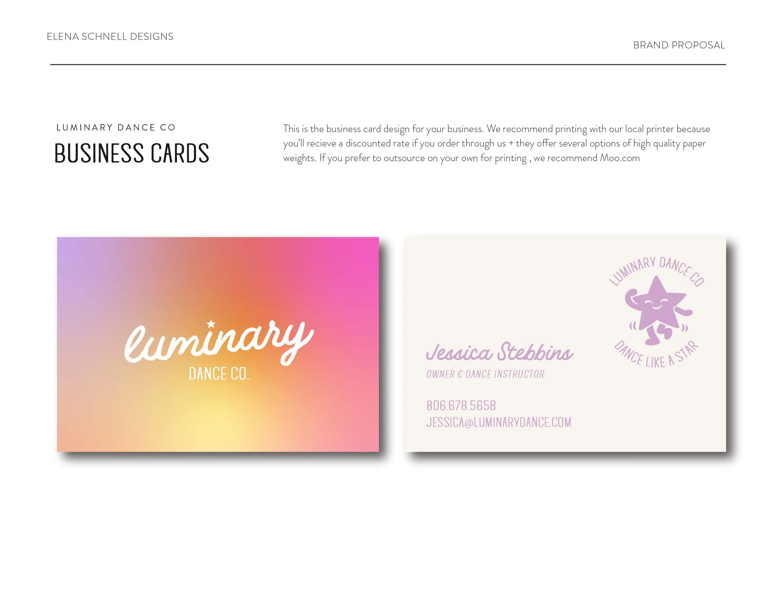 Luminary Dance Co. business card design featuring the colorful gradient brand system, logo and custom star illustration.