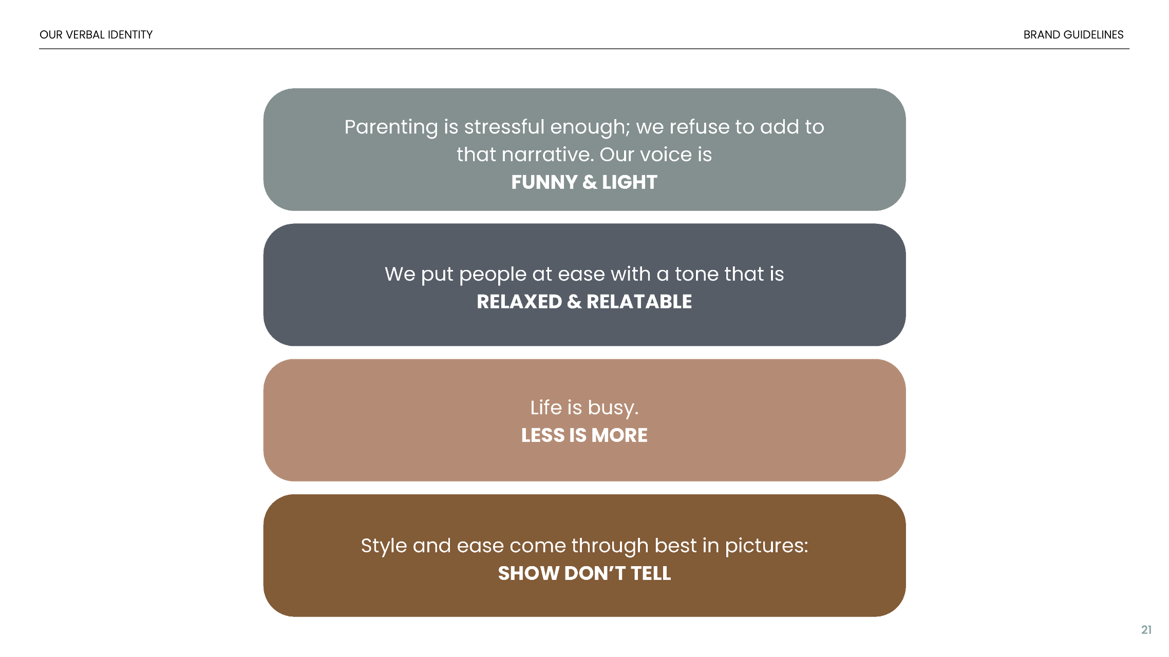 A page from a branding guidelines document featuring color-coded sections with text about brand values, including themes like stress-free parenting, humor, relaxed tone, simplicity, and style.