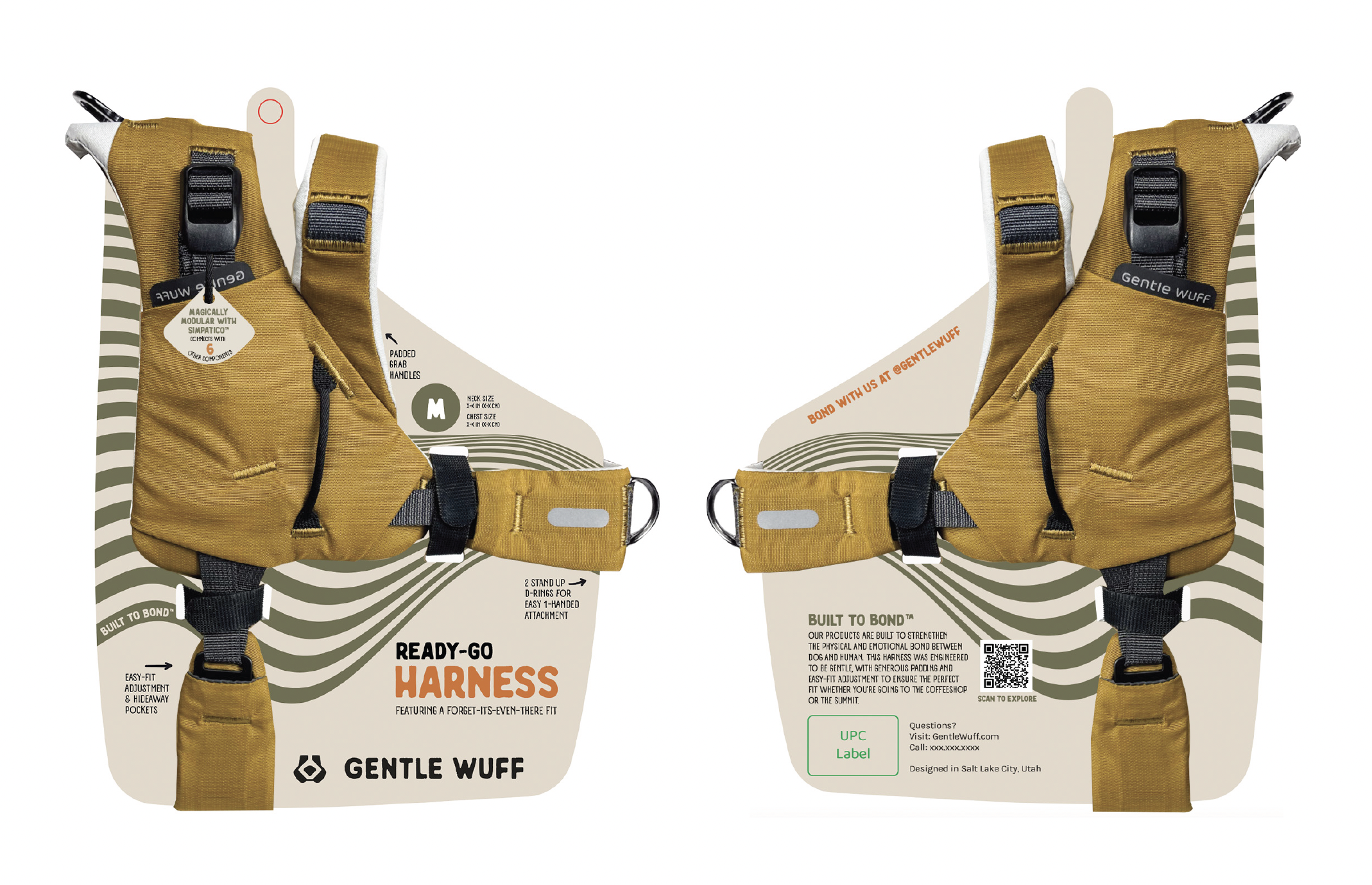Gentle Wuff dog harness product design featuring a tan and black modular harness with adjustable straps and functional details.