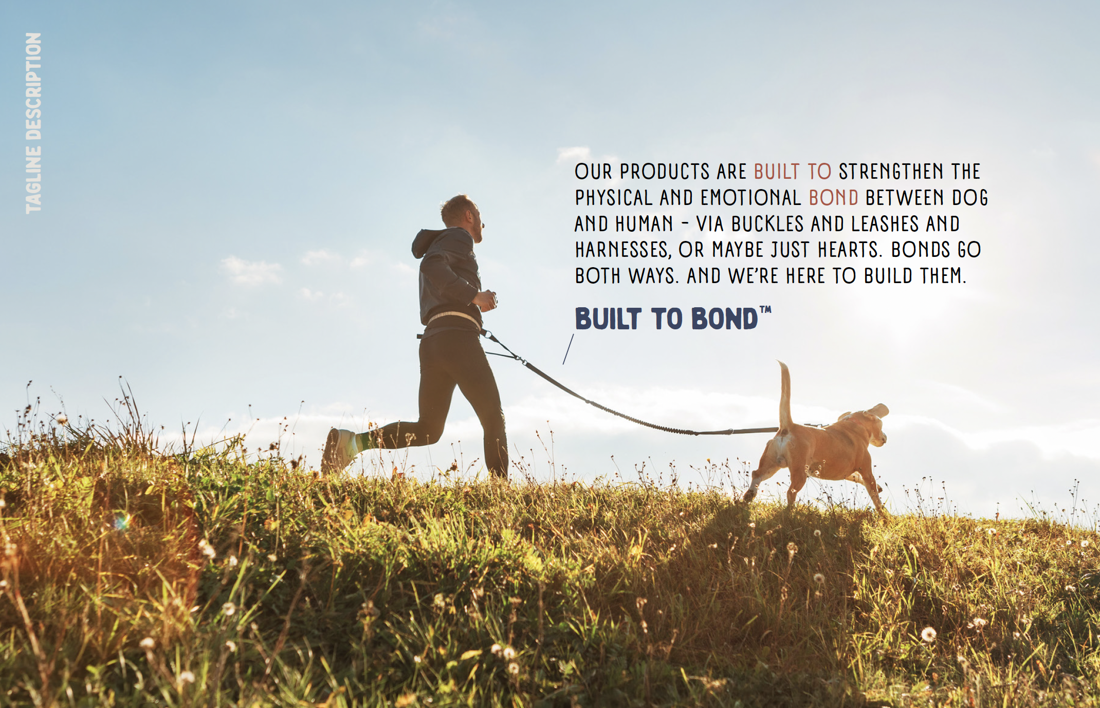 Gentle Wuff brand mission presentation featuring lifestyle photography of a person running with a dog and messaging about strengthening human-dog bonds.