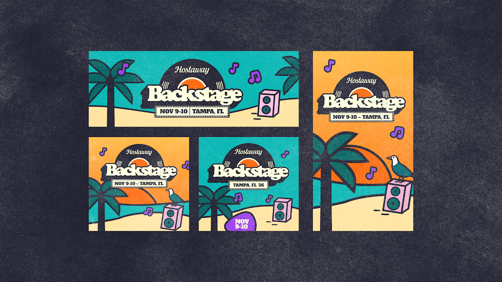 Hostaway Backstage event branding, campaign graphics and custom illustration by Elena Schnell.