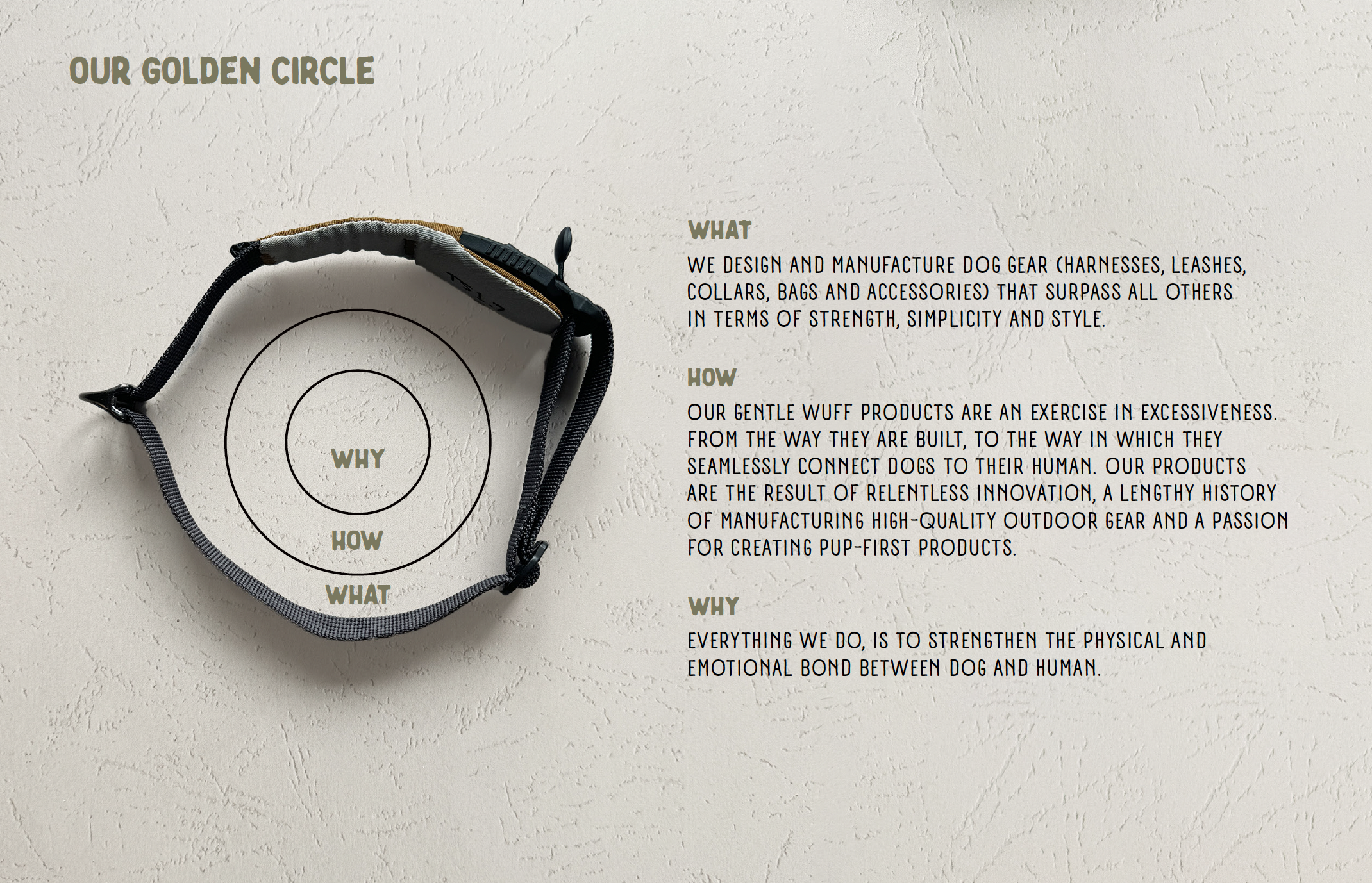 Gentle Wuff brand strategy presentation featuring dog product design and a Golden Circle framework defining the brand's purpose and positioning.