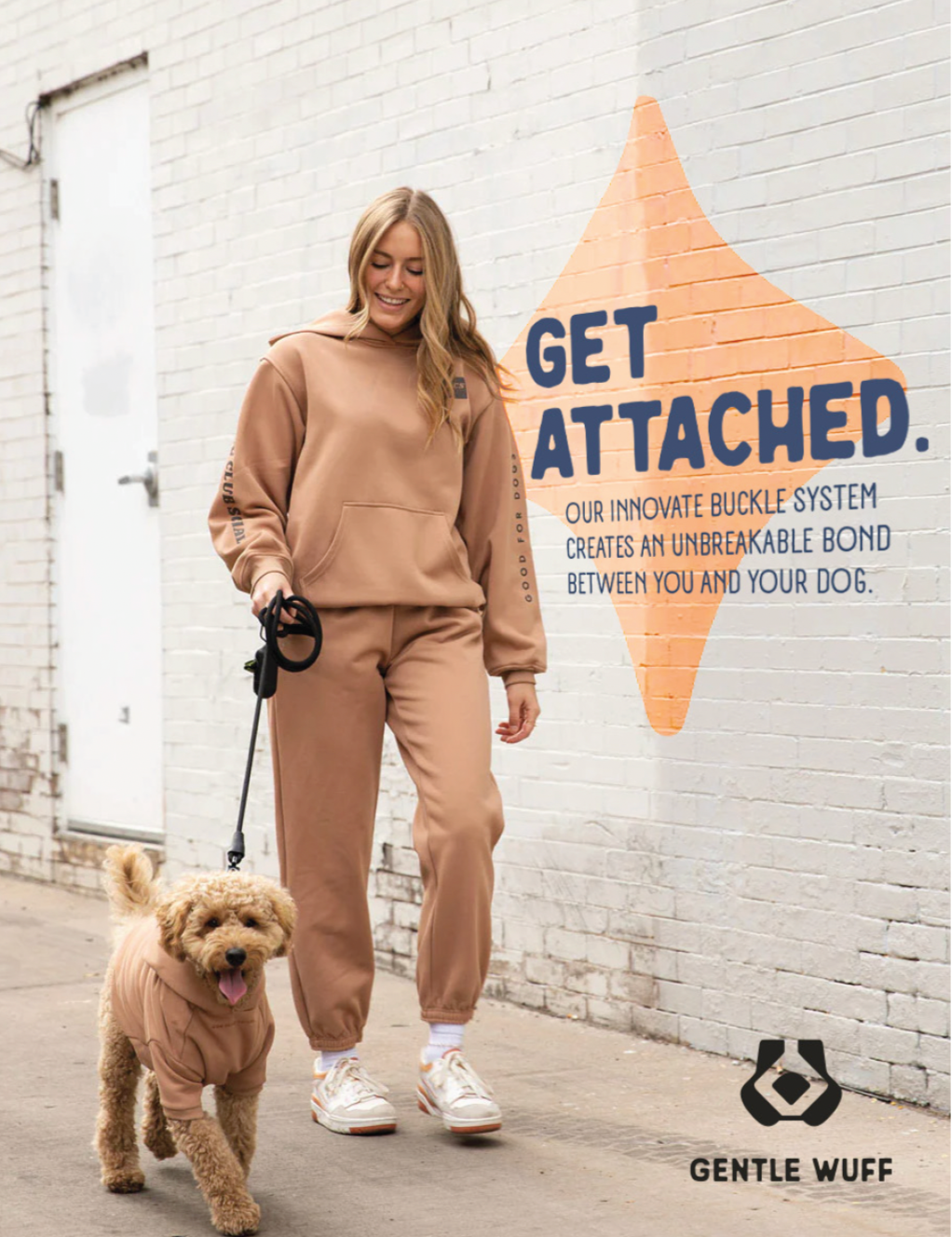 Gentle Wuff lifestyle advertising campaign featuring branded photography and product messaging for dog accessories.