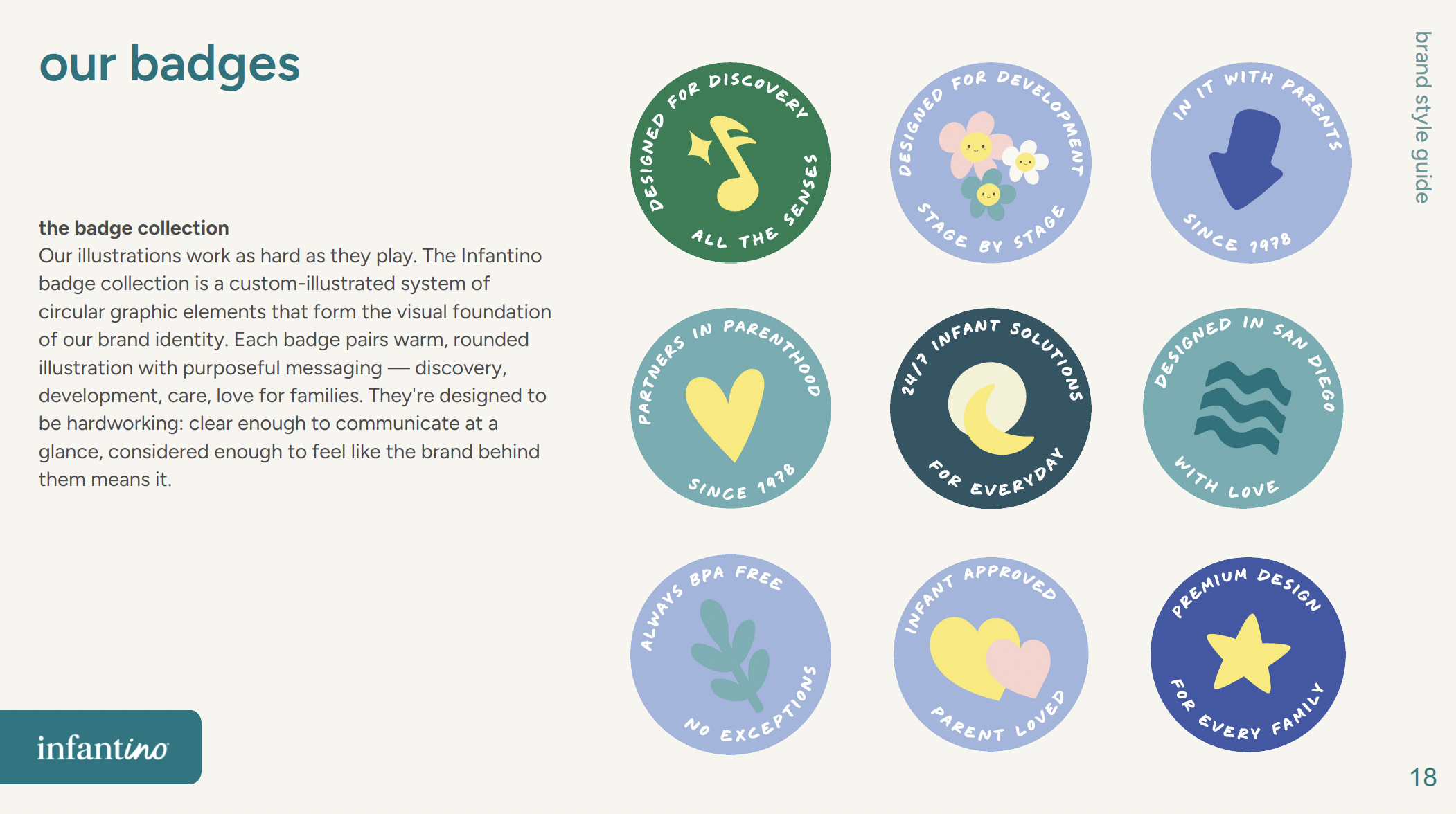Collection of circular badges with various messages and designs, including a yellow musical note, flowers, a heart, a moon, and waves, associated with the brand Infantino.