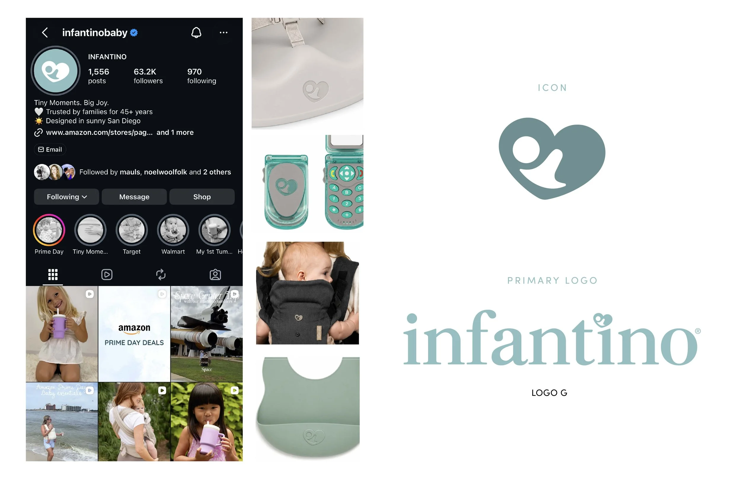 A collage of digital images including a social media profile page, baby products such as a pacifier clip and a toy phone, children images, and a logo with text 'infantino'.