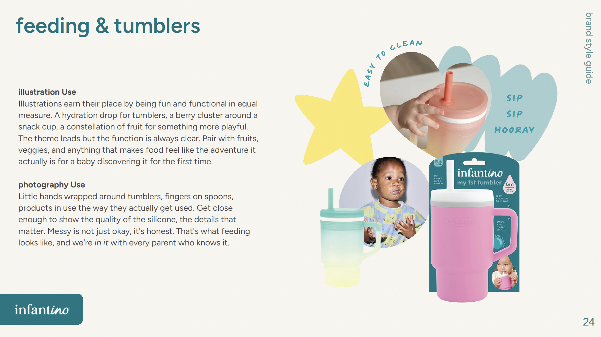 Product image of a pink silicone tumbler with a straw, designed for babies, labeled 'infantino my 1st tumbler' with a size of 6 months. The tumbler is associated with a child and drinking activity, indicated by the text 'sip sip hooray' around it.