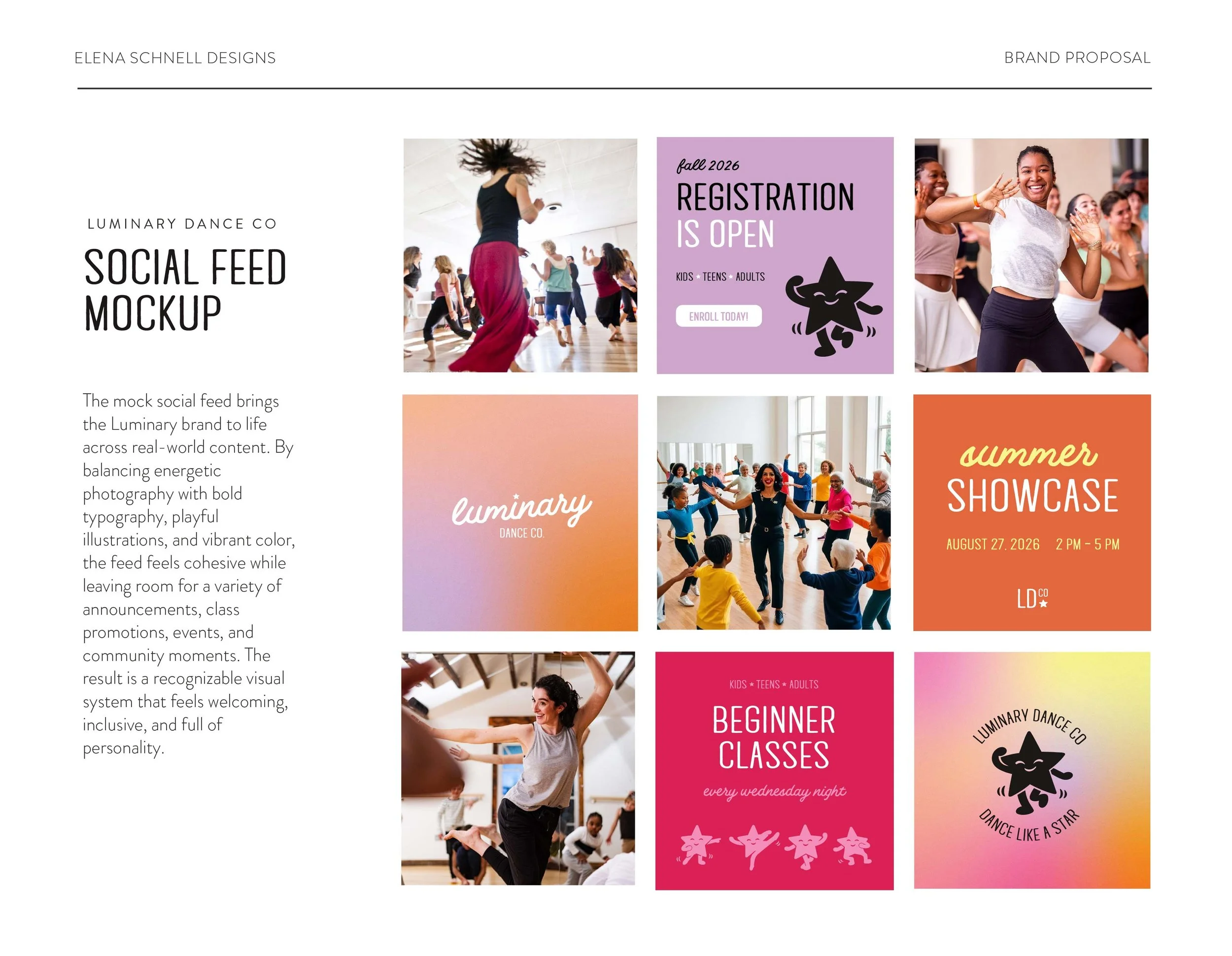Luminary Dance Co. social media system featuring branded graphics for dance classes, events and community-focused content.