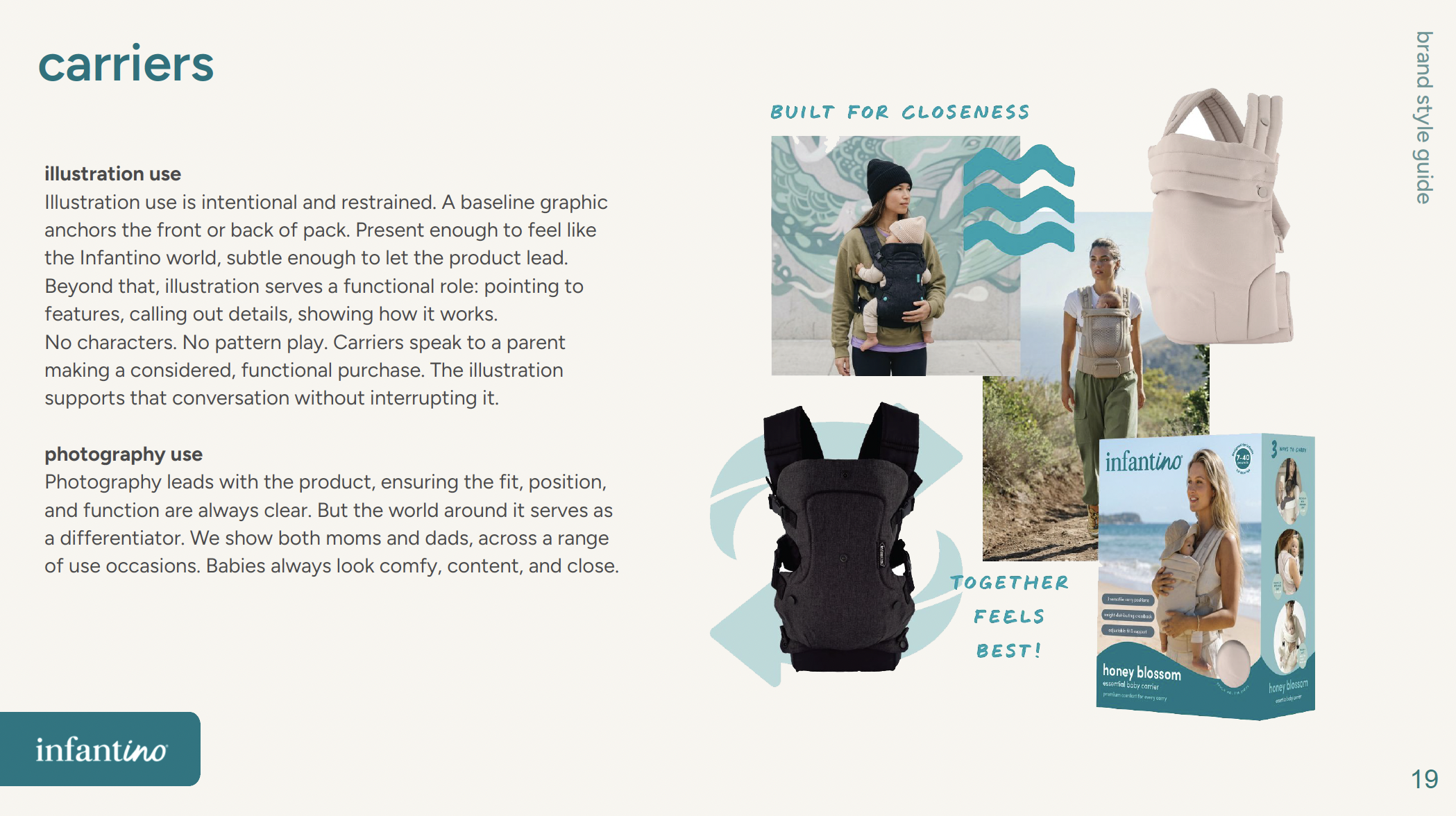 Page from a product catalog or brochure featuring baby carriers, with images of women wearing babies in carriers, and product packaging displayed alongside.