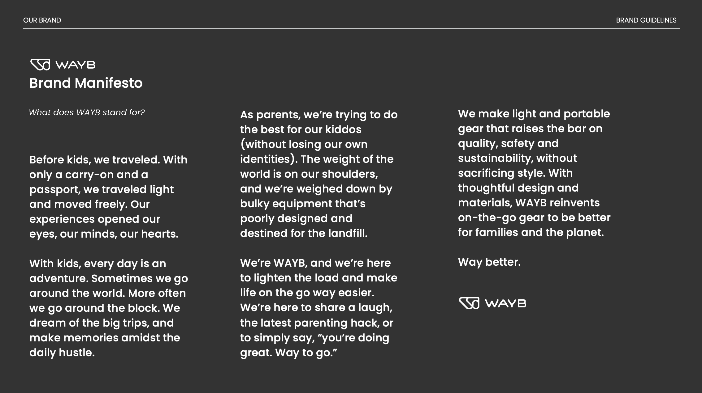 Brand guidelines document titled 'WAYB Brand Manifesto'. The page contains a company description emphasizing lightweight, portable gear for parents that is sustainable, safe, and thoughtfully designed. The bottom right corner displays the WAYB logo.