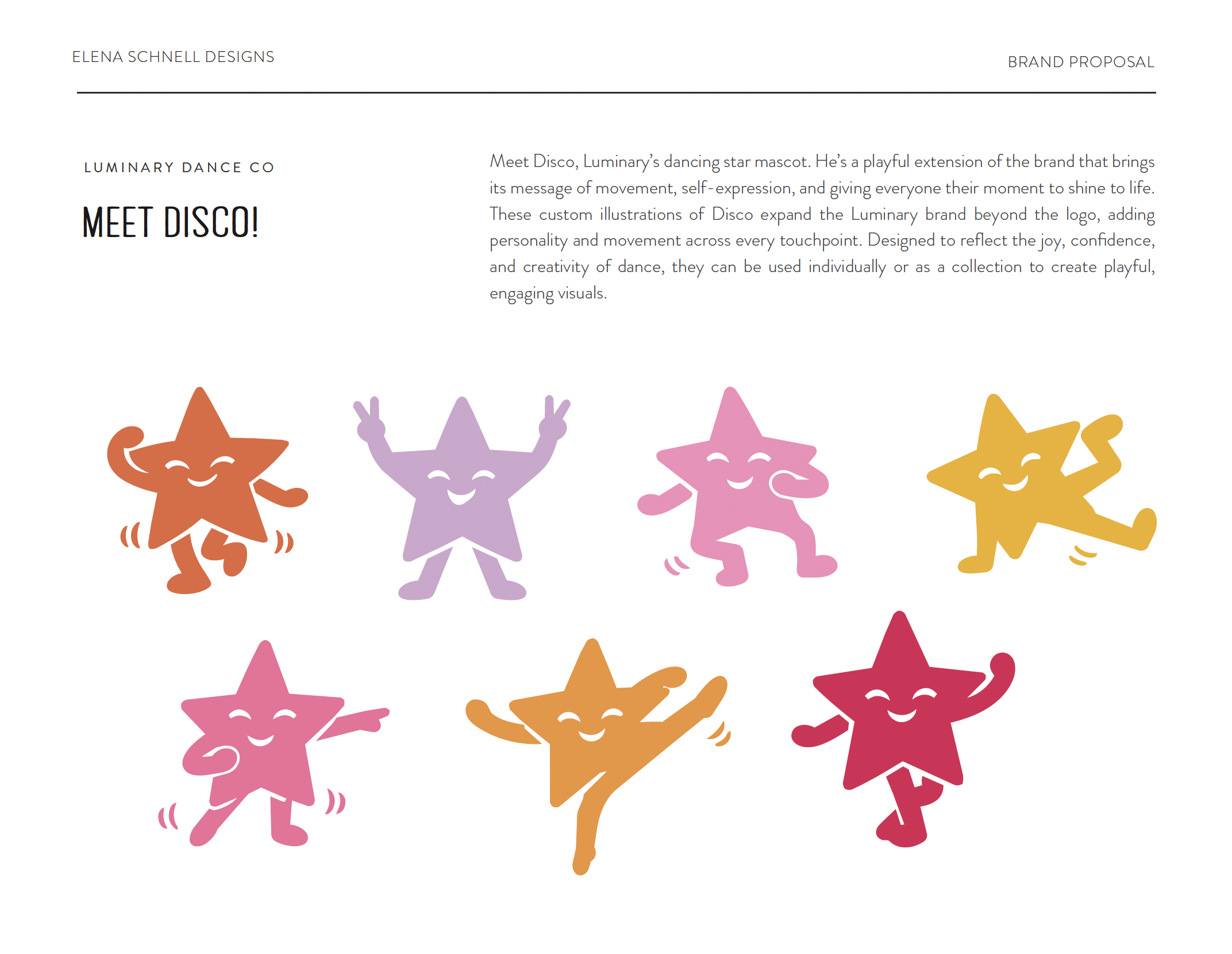 Luminary Dance Co. custom mascot illustrations featuring Disco the dancing star in multiple poses and brand colors.
