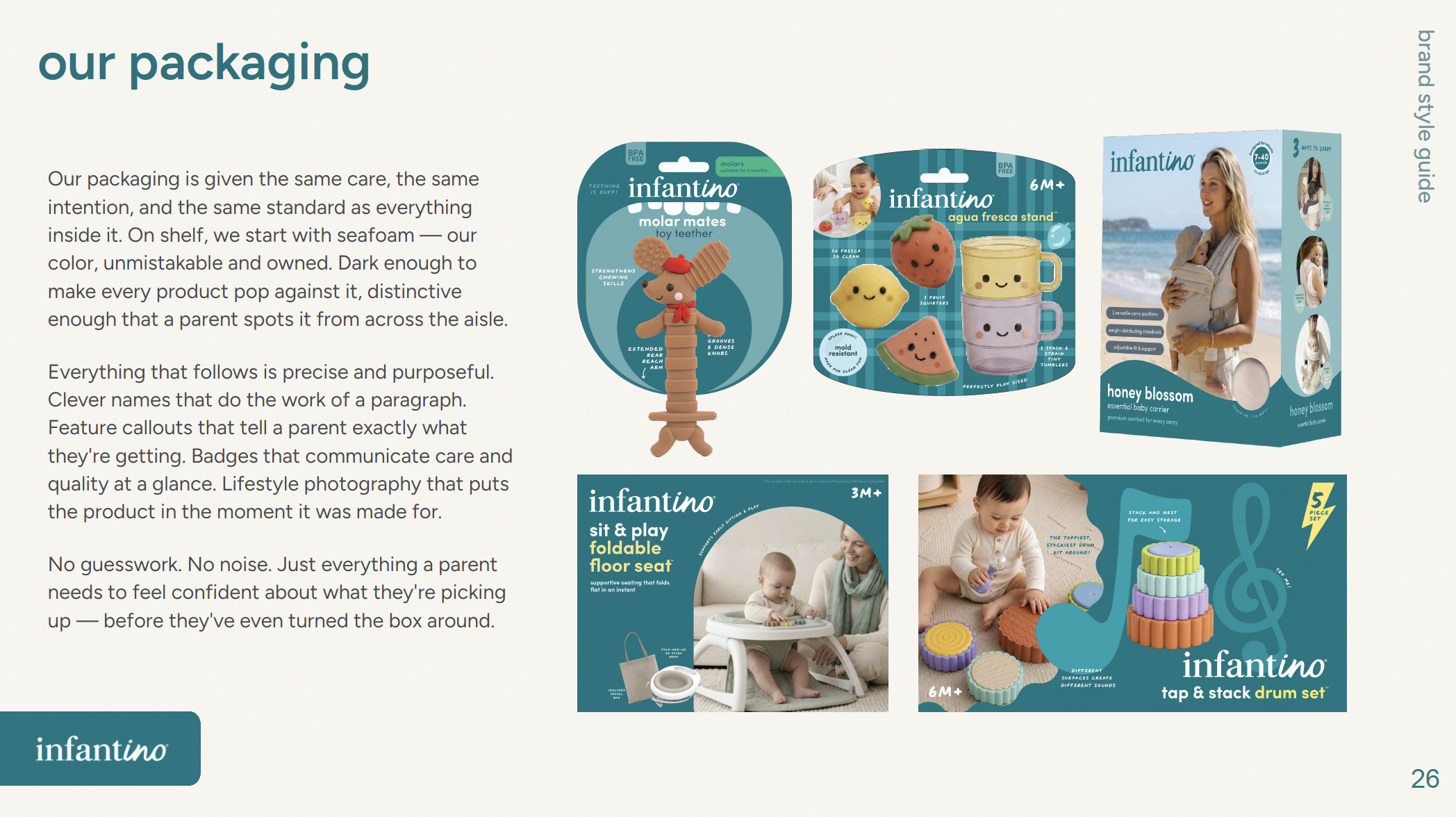 Image of packaging designs and product photos for infantino baby products, including toy teether, aqua fresca stand, folding floor seat, and drum set, with a woman holding a baby on a beach in the background.