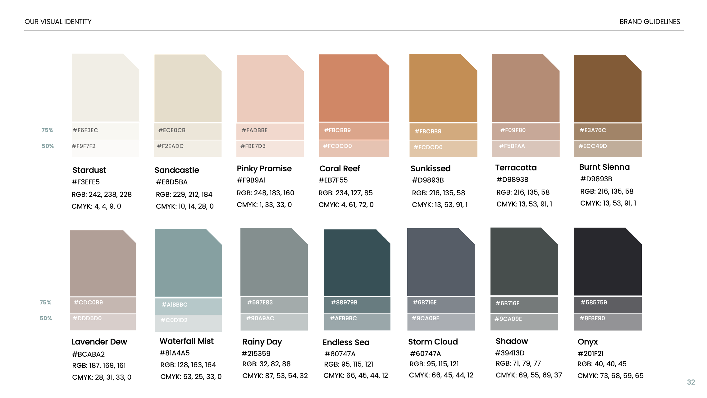 Color palette with various shades and corresponding color codes, names, and RGB values. The palette is labeled under 'Our Visual Identity' and includes categories like 'Stardust', 'Sandcastle', 'Pinkty Promise', and others, each with hex color codes, RGB values, and CMYK percentages.