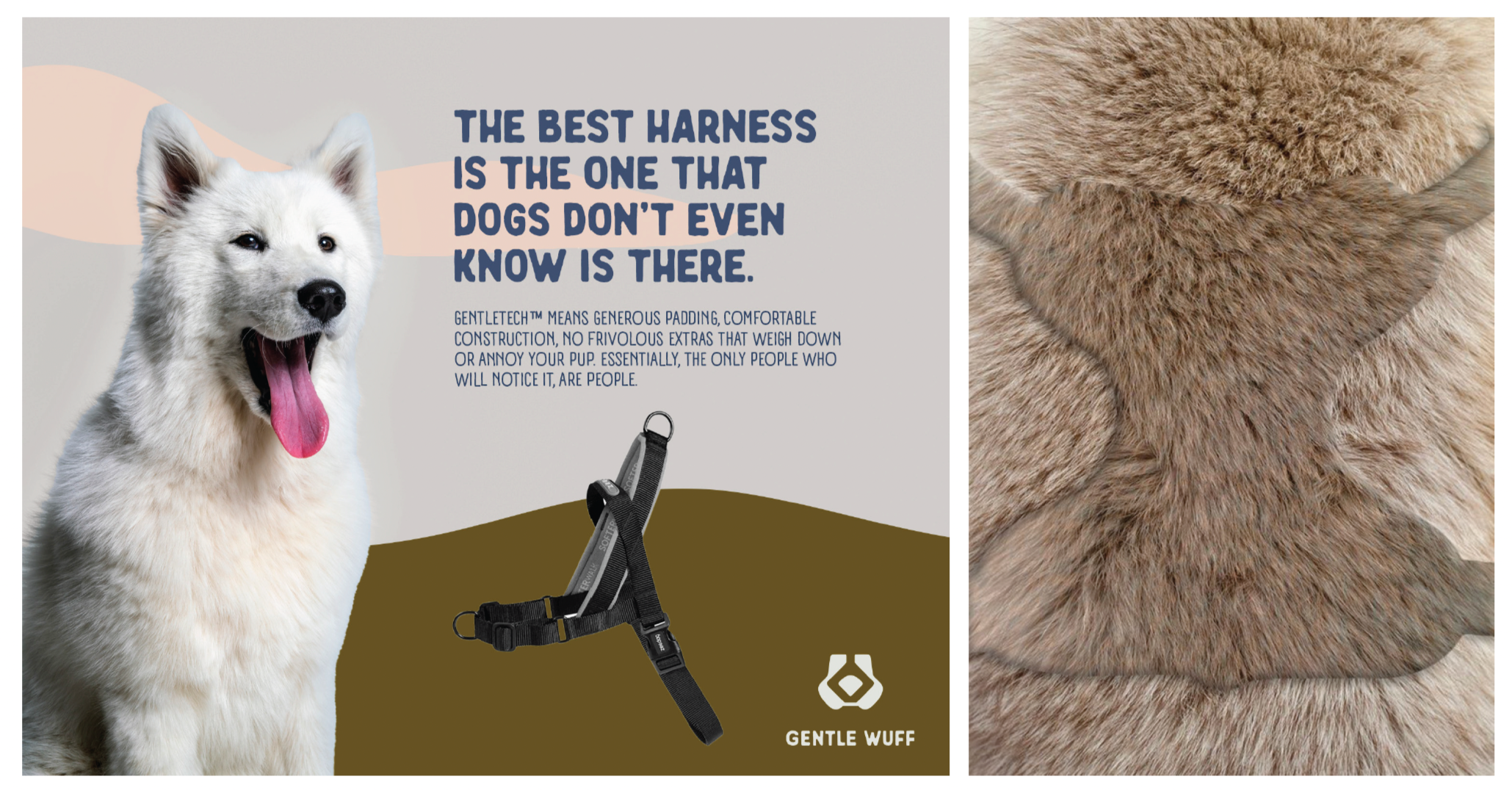 Gentle Wuff dog harness advertising campaign featuring product benefits, lifestyle imagery, and branded campaign creative.