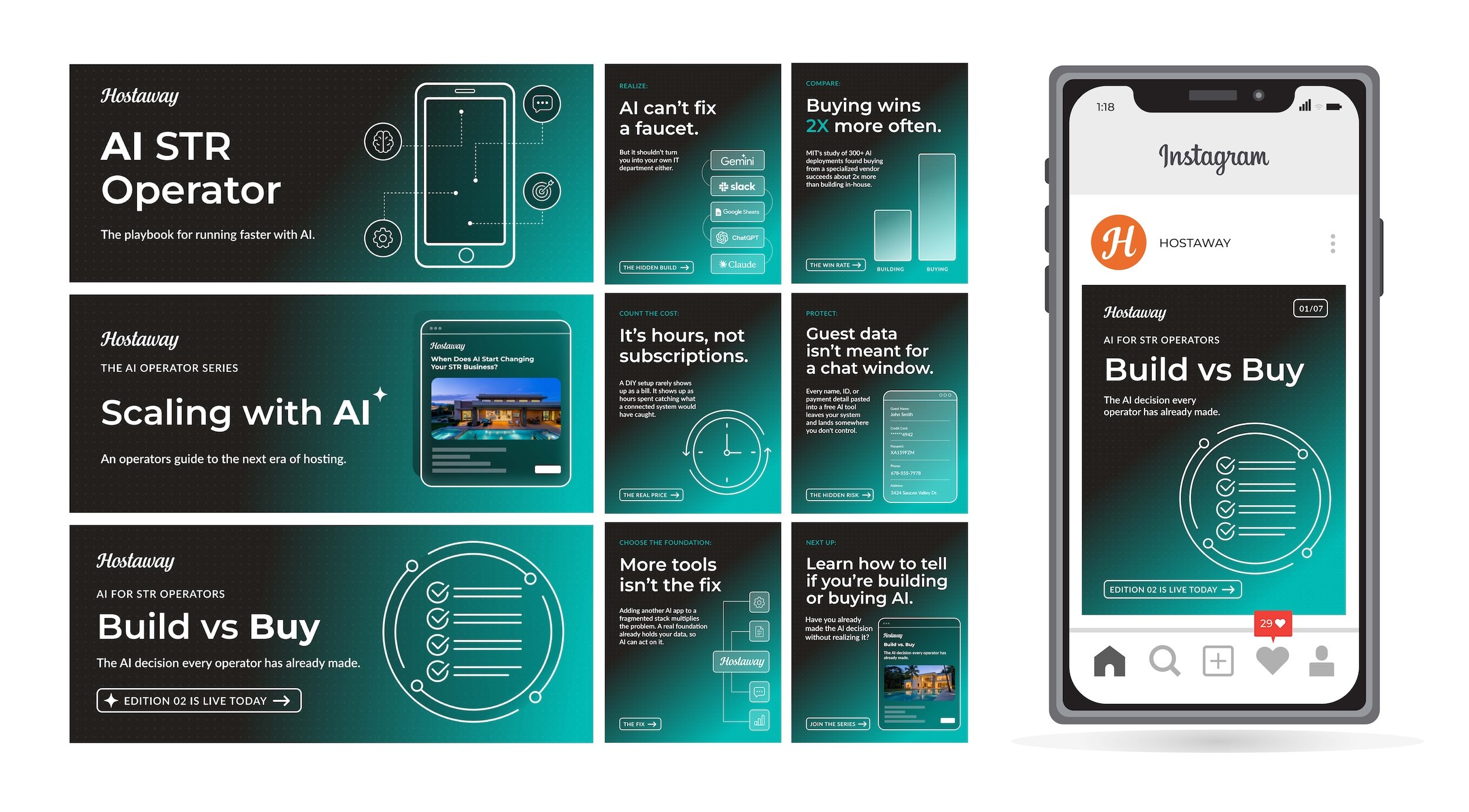 Hostaway AI STR Operator content series featuring editorial design, social media creative, and AI thought leadership for vacation rental professionals.
