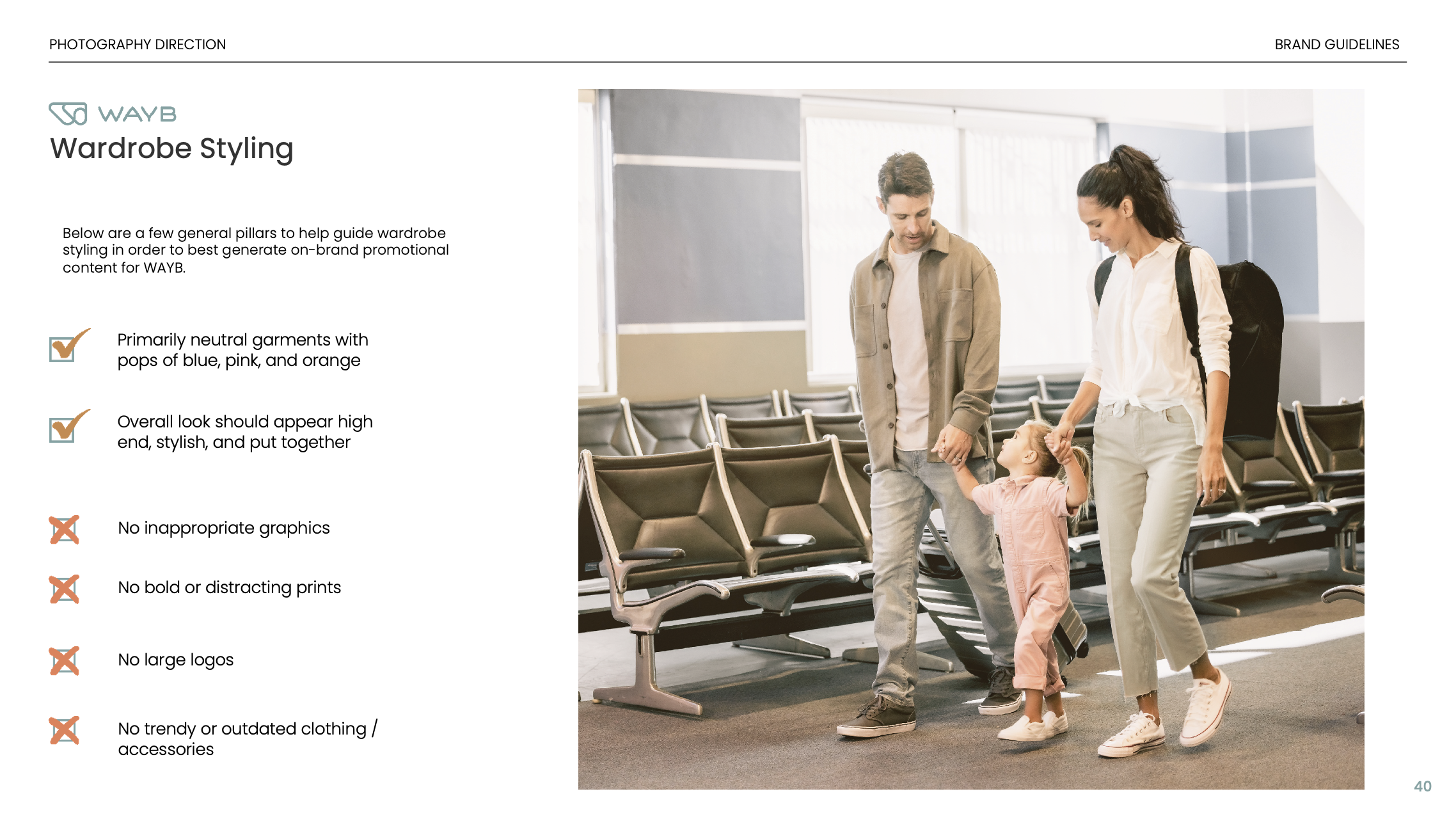A woman with a backpack walking with a man and a young girl, holding hands, in an airport waiting area with seats and large windows in the background.