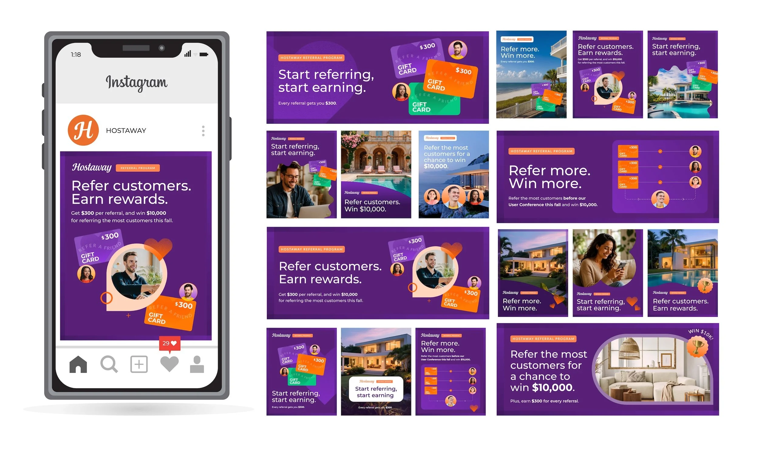 Hostaway referral marketing campaign featuring social media design, digital advertising, and branded promotional creative.