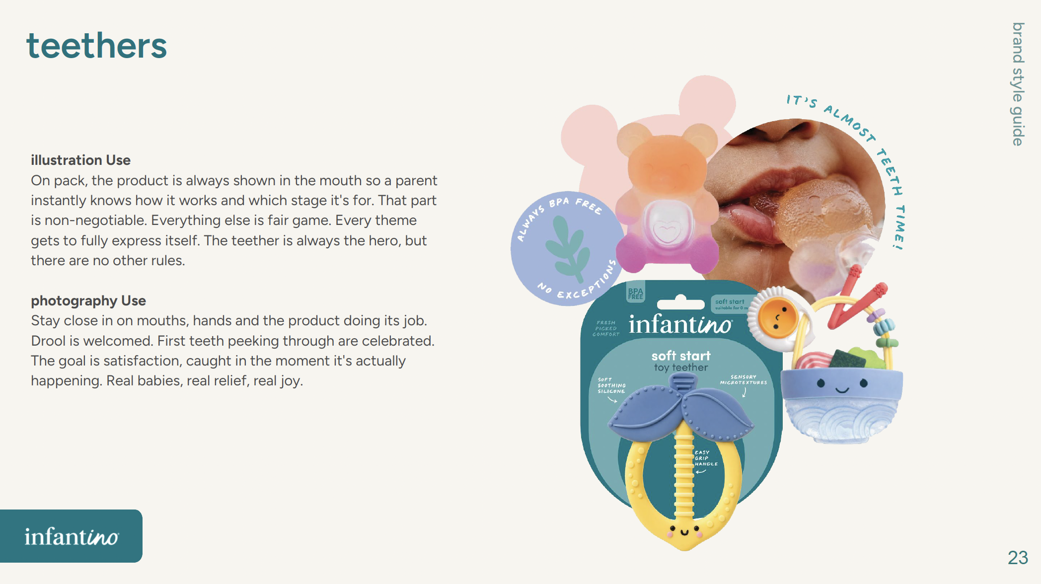 Product packaging and information for Infantino soft start toy teether, displaying the teether in the shape of a giraffe with textured features, along with a friend-shaped teether in bear shape, and a photo of a baby biting into an orange teether in their mouth.