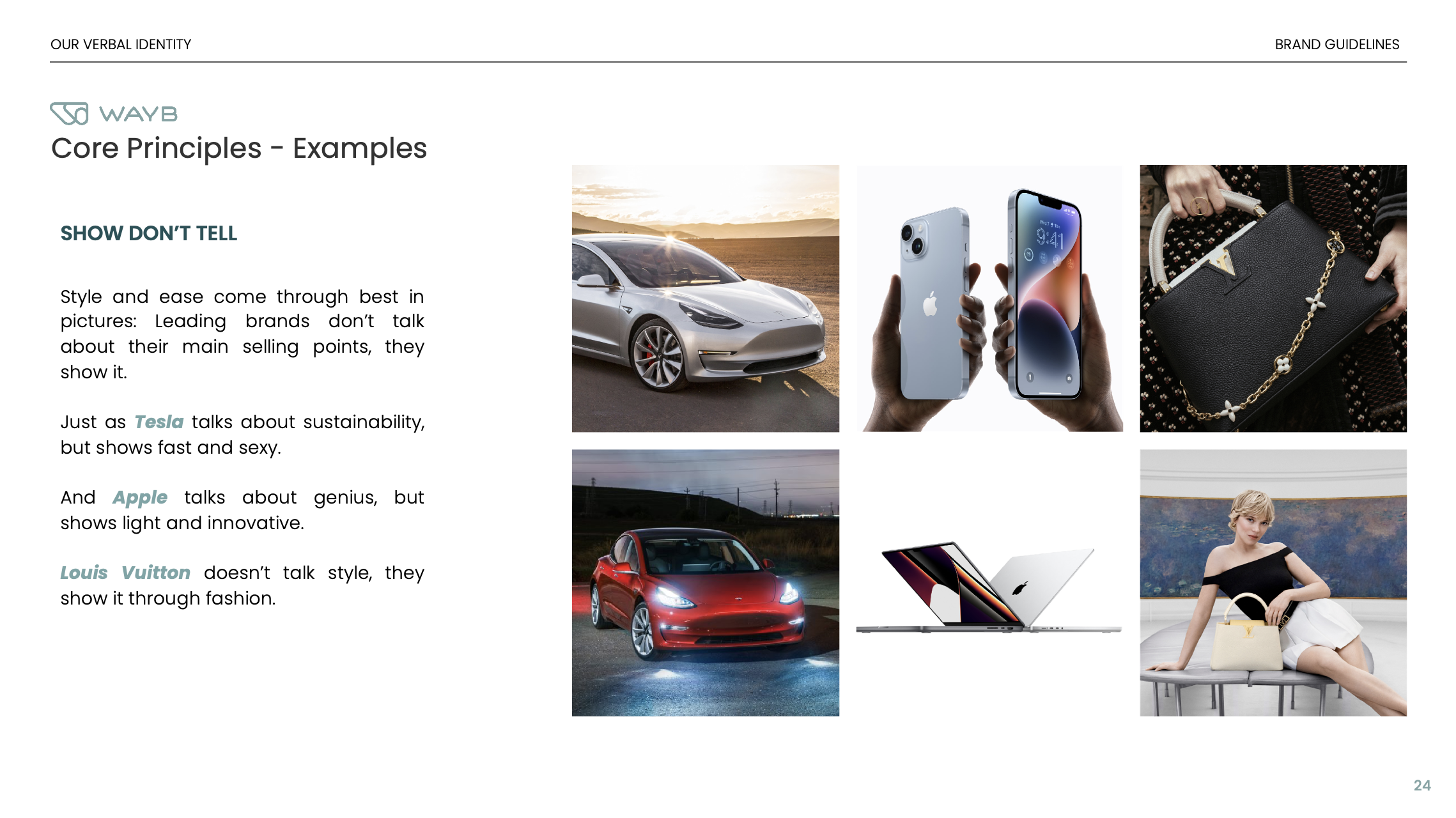 Page from a brand guidelines document showing various high-end brand images of cars, technology, fashion accessories, and a person, illustrating core principles of style and innovation.